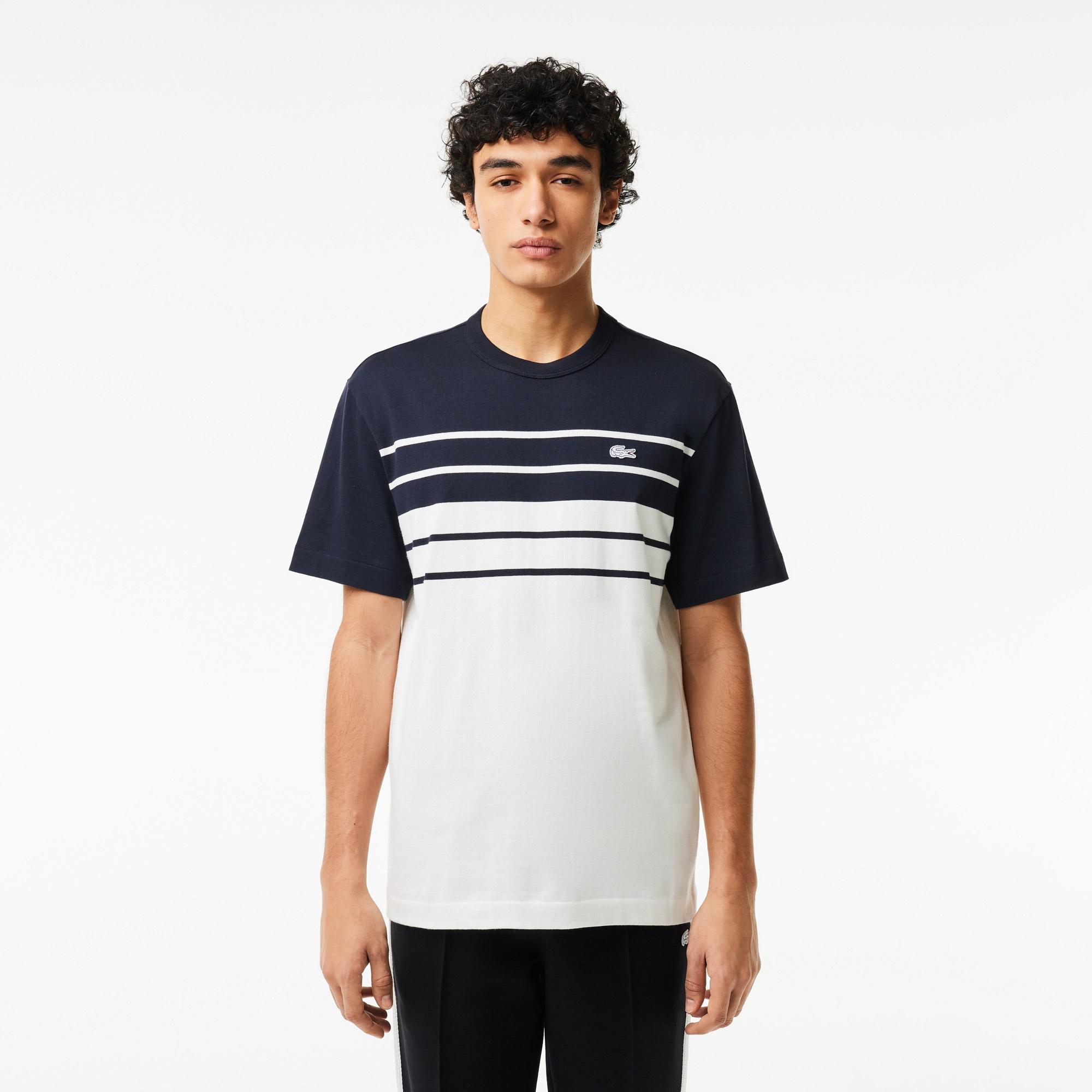 Lacoste Erkek Classic Fit Bisiklet Yaka Çizgili Beyaz T-Shirt