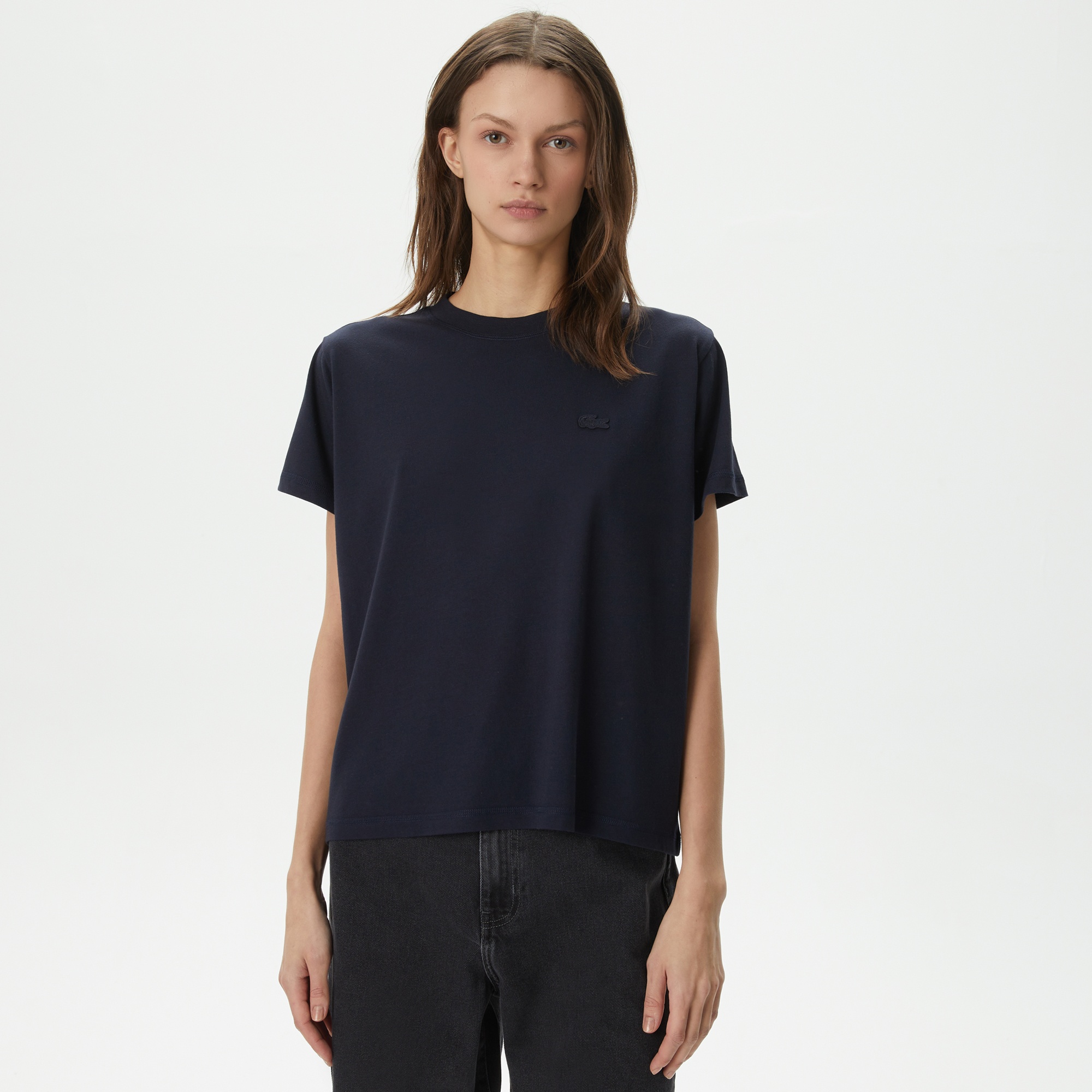 Lacoste Kadın Loose Fit Bisiklet Yaka Siyah T-Shirt