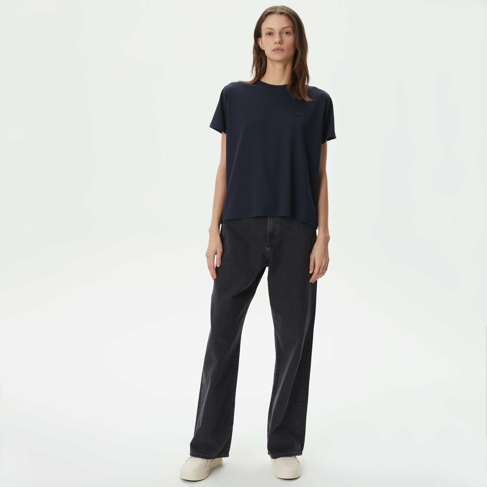 Lacoste Kadın Loose Fit Bisiklet Yaka Siyah T-Shirt