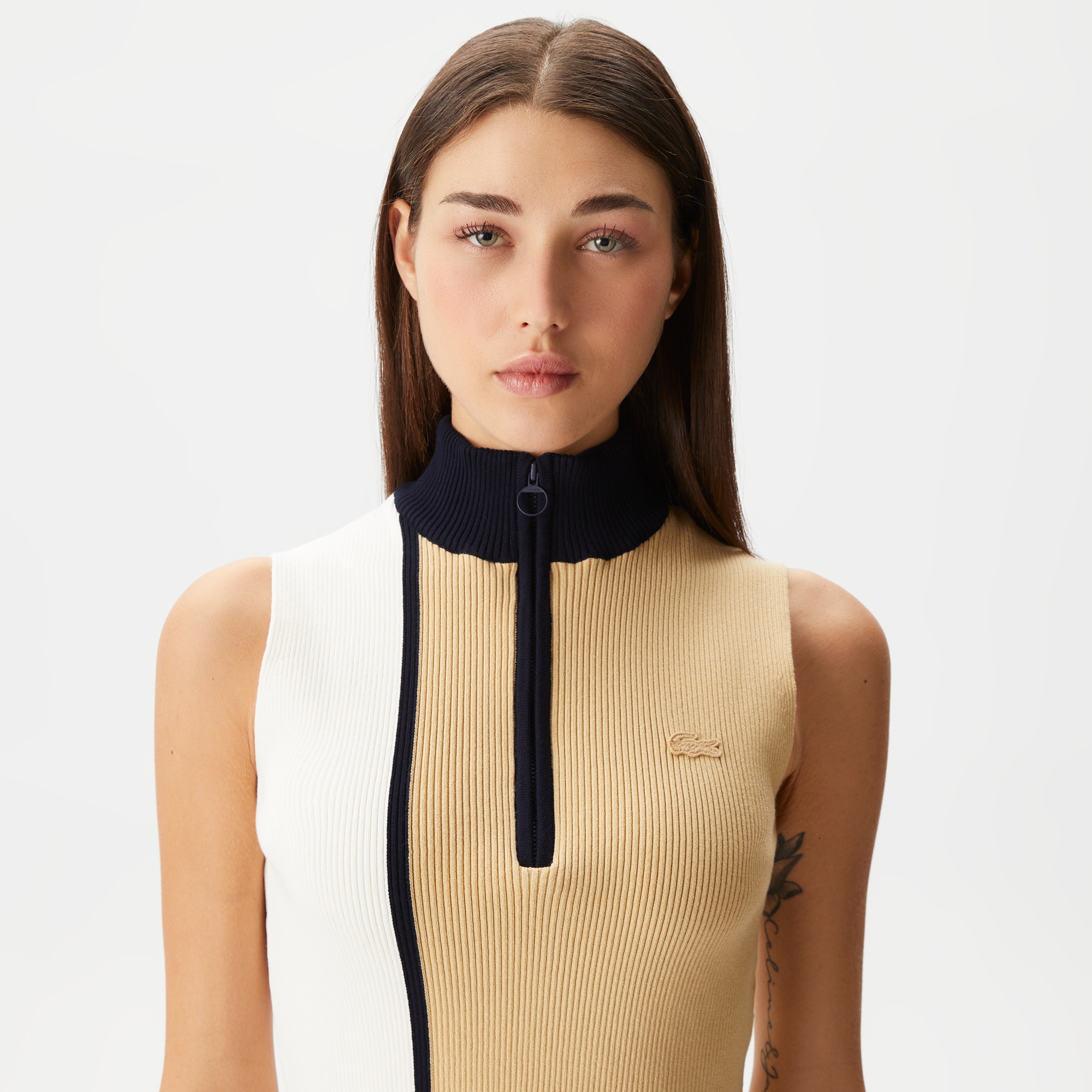 Lacoste Kadın Slim Fit Fermuarlı Renk Bloklu Bej Triko