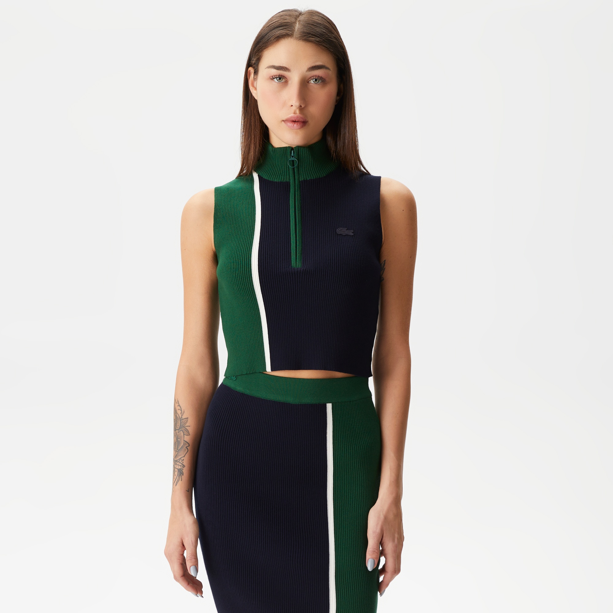 Lacoste Kadın Slim Fit Fermuarlı Renk Bloklu Lacivert Triko