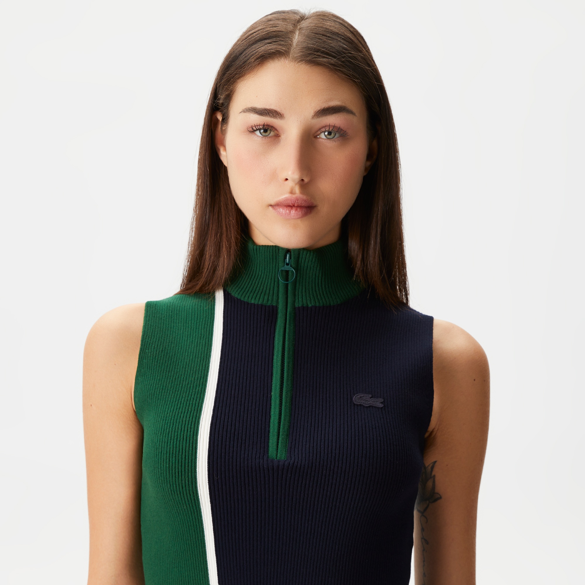 Lacoste Kadın Slim Fit Fermuarlı Renk Bloklu Lacivert Triko