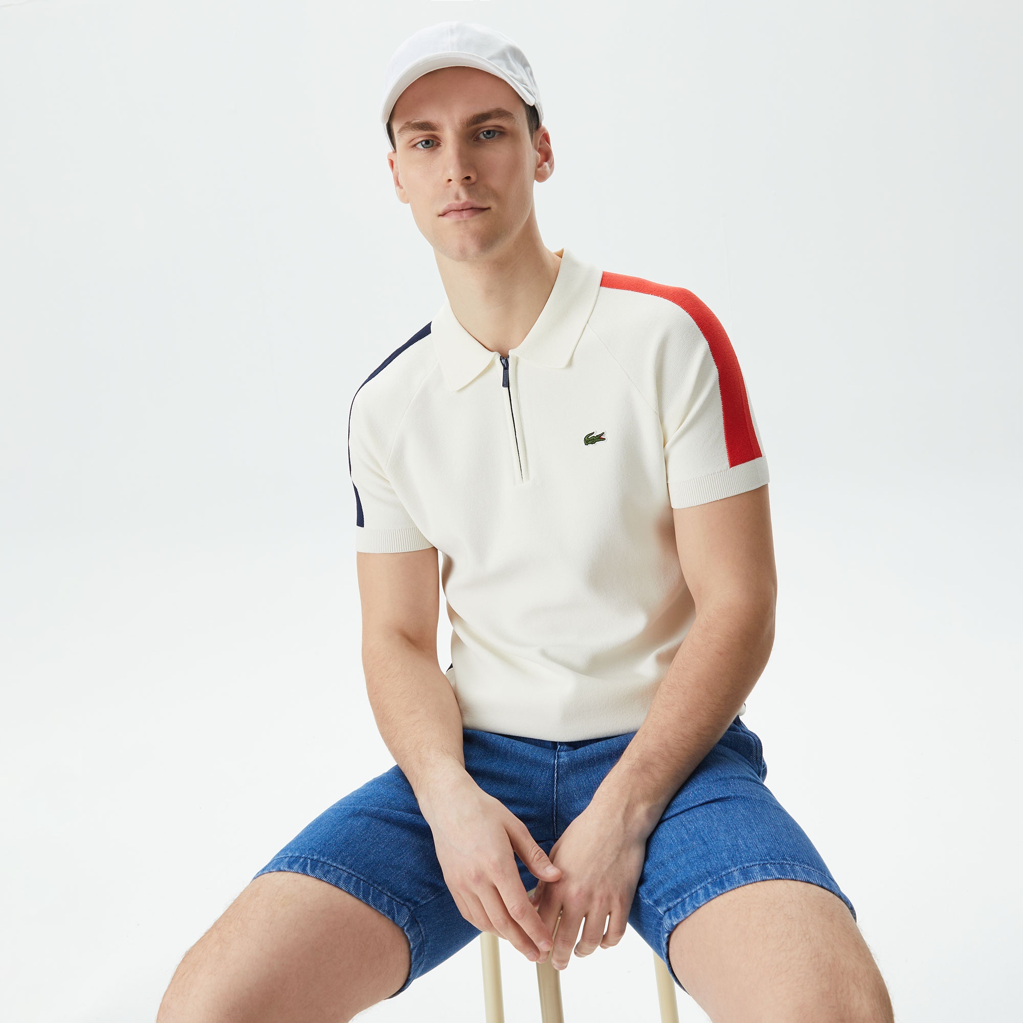 Lacoste Erkek Regular Fit Yarım Fermuarlı Renk Bloklu Beyaz Triko