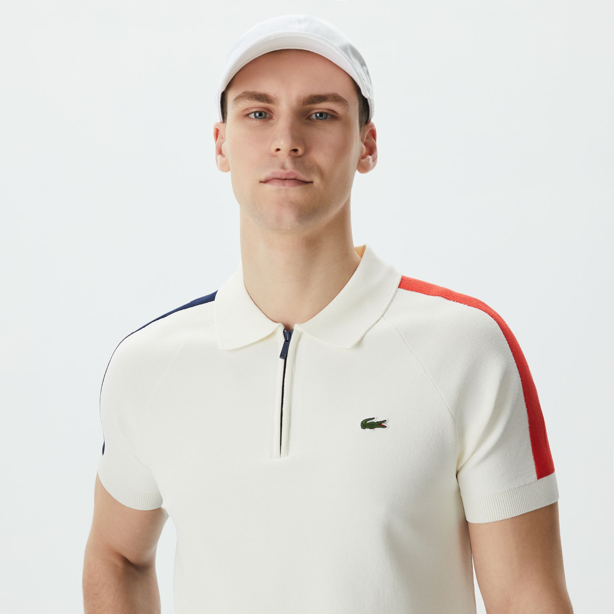 Lacoste Erkek Regular Fit Yarım Fermuarlı Renk Bloklu Beyaz Triko