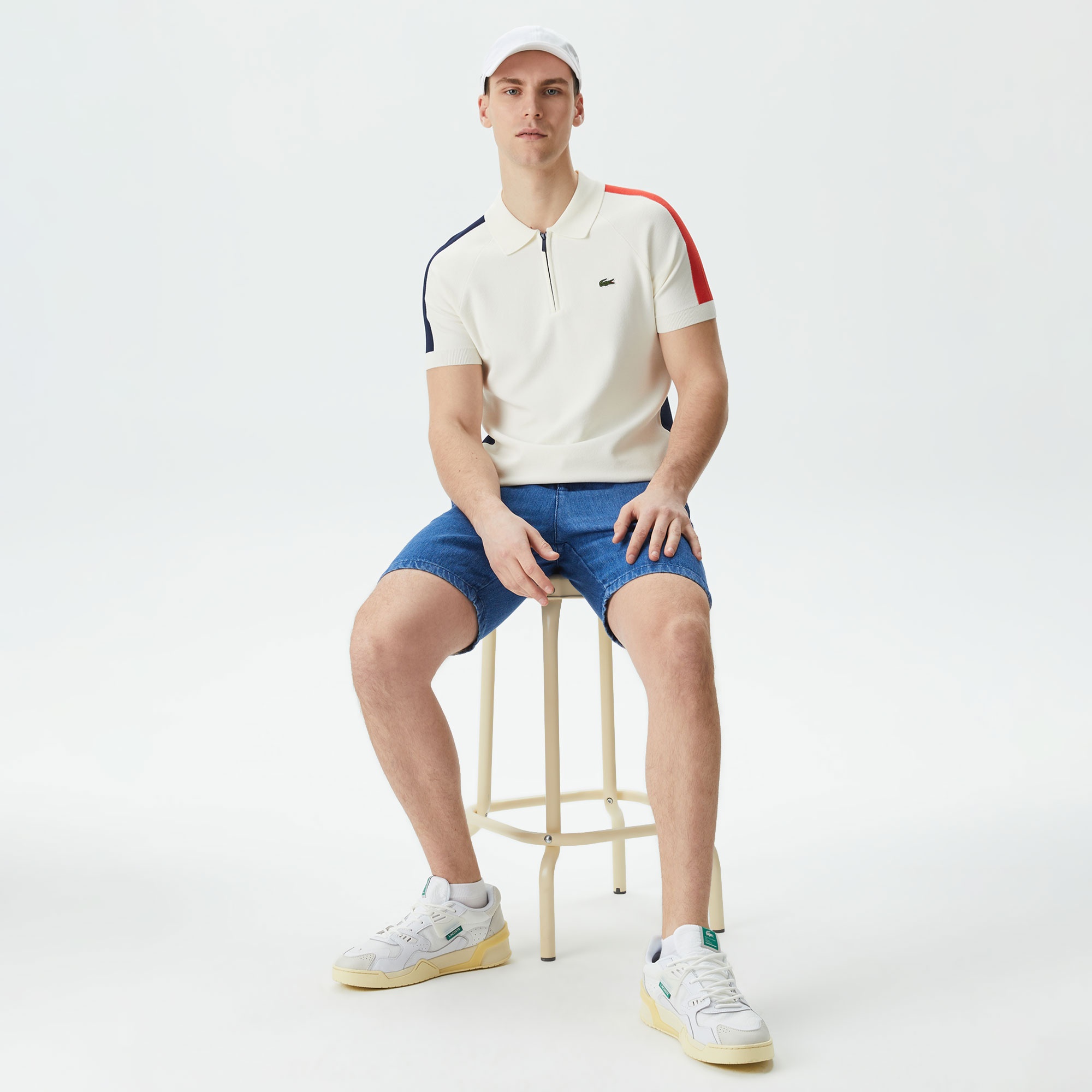 Lacoste Erkek Regular Fit Yarım Fermuarlı Renk Bloklu Beyaz Triko