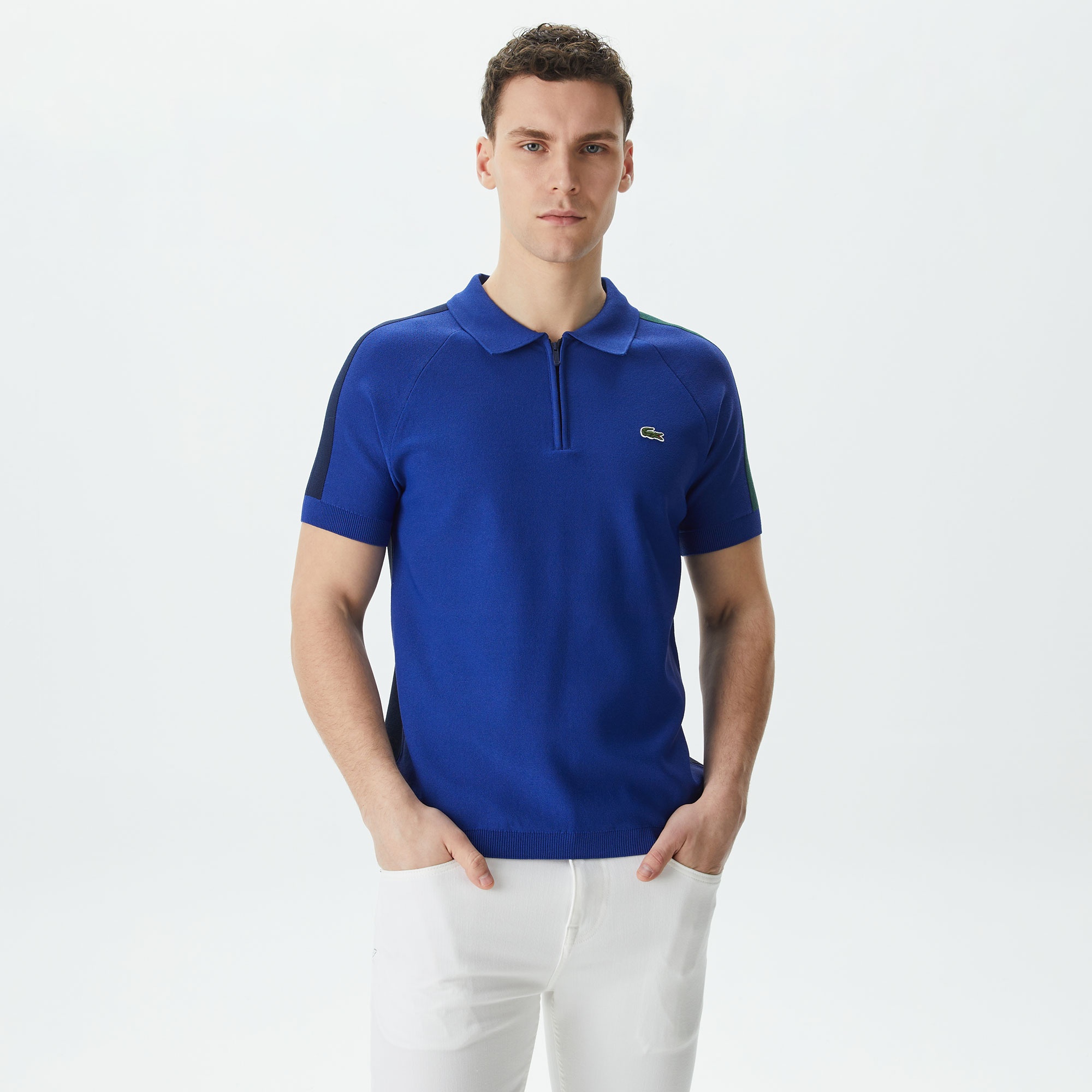 Lacoste Erkek Regular Fit Yarım Fermuarlı Renk Bloklu Mavi Triko