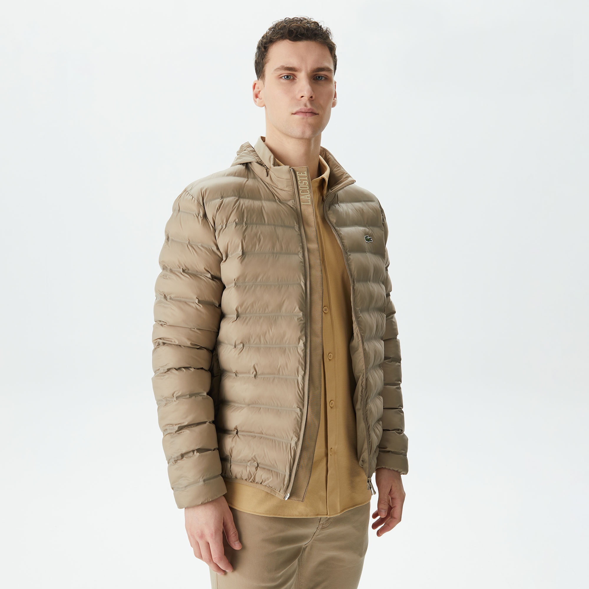 Lacoste Erkek Kapüşonlu Kapitone Bej Mont