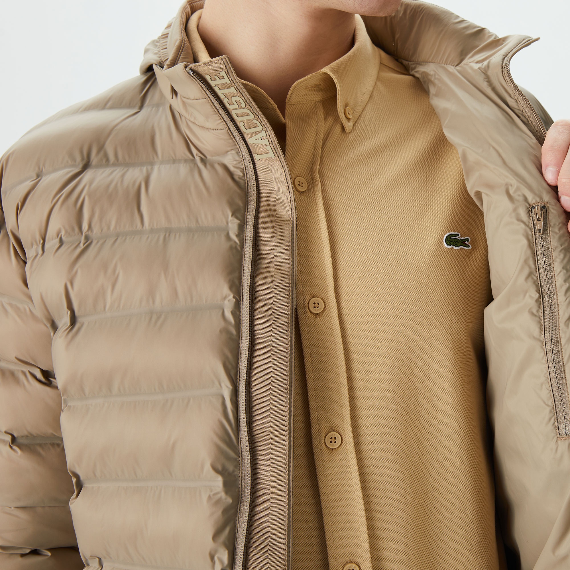 Lacoste Erkek Kapüşonlu Kapitone Bej Mont