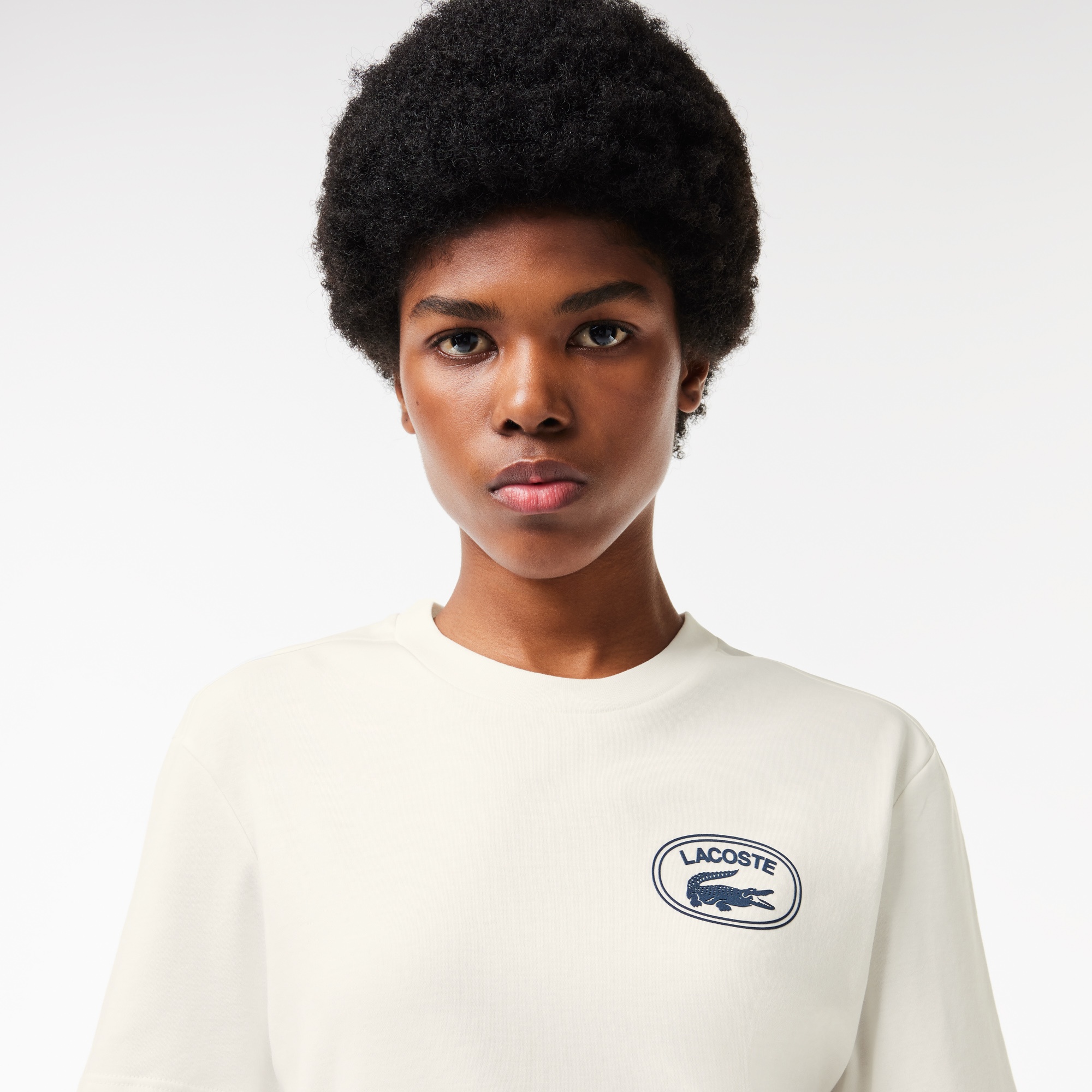 Lacoste Kadın Bisiklet Yaka Baskılı Beyaz T-Shirt