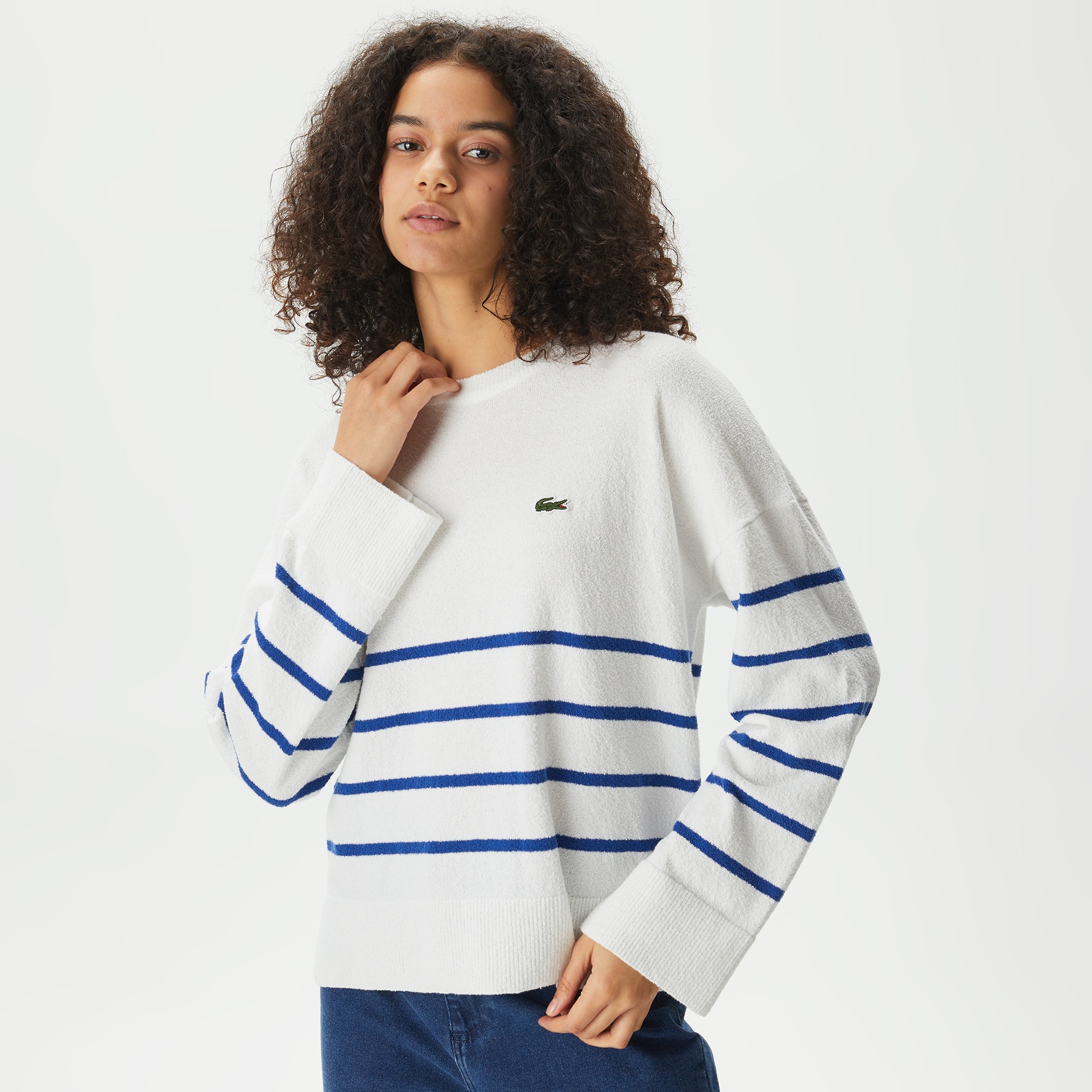 Lacoste Kadın Relaxed Fit Bisiklet Yaka Çizgili Beyaz Triko