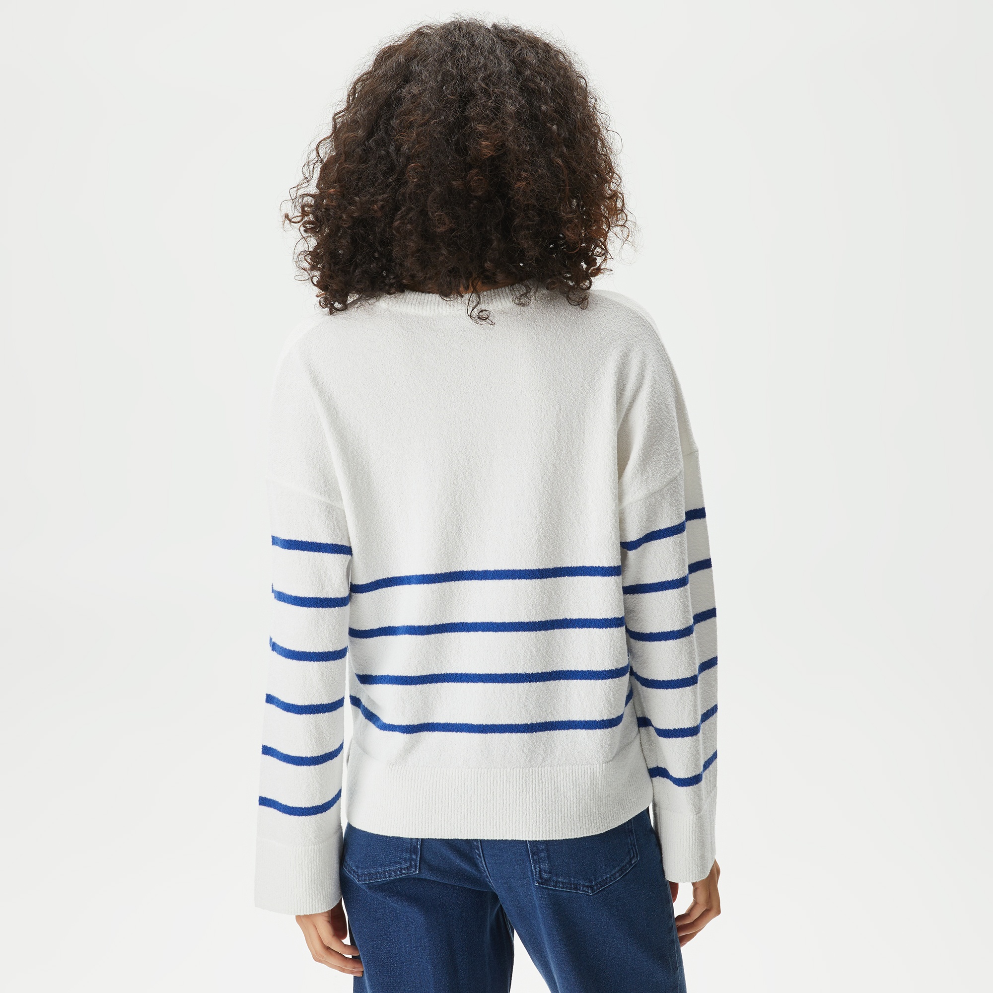 Lacoste Kadın Relaxed Fit Bisiklet Yaka Çizgili Beyaz Triko