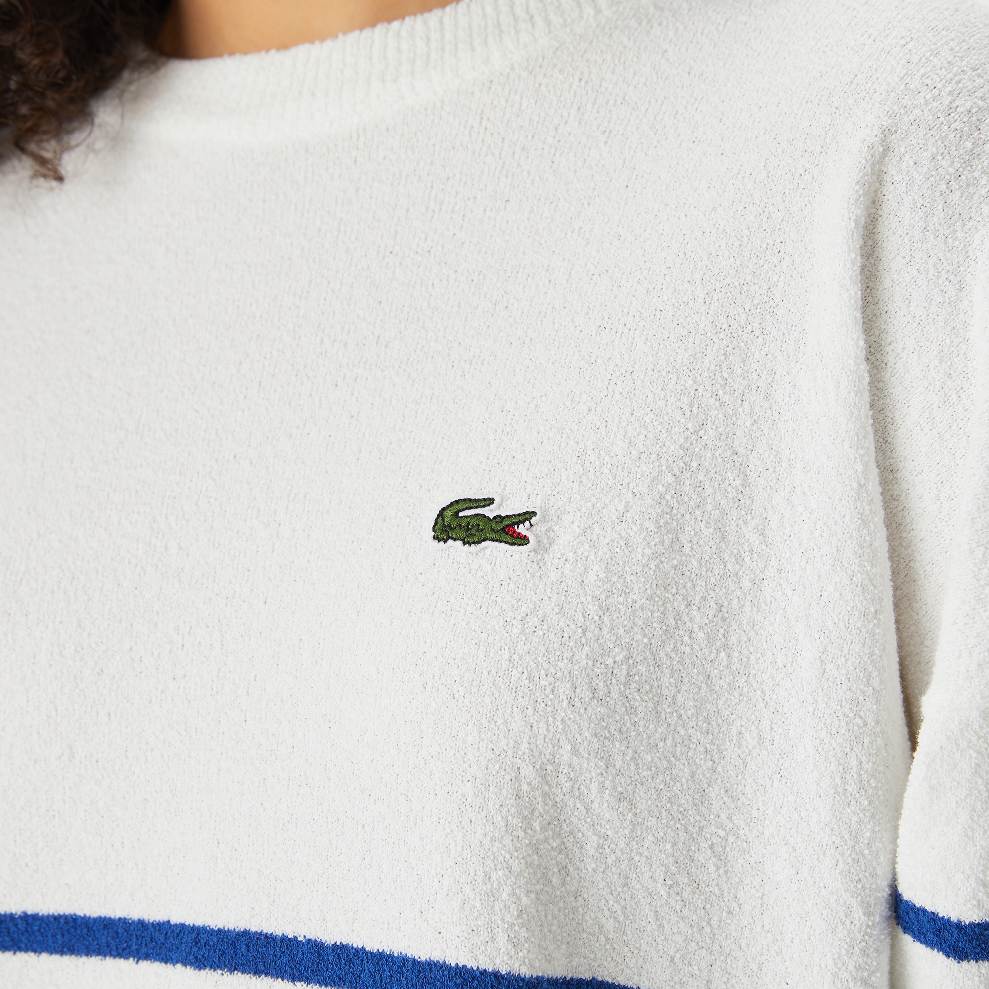 Lacoste Kadın Relaxed Fit Bisiklet Yaka Çizgili Beyaz Triko