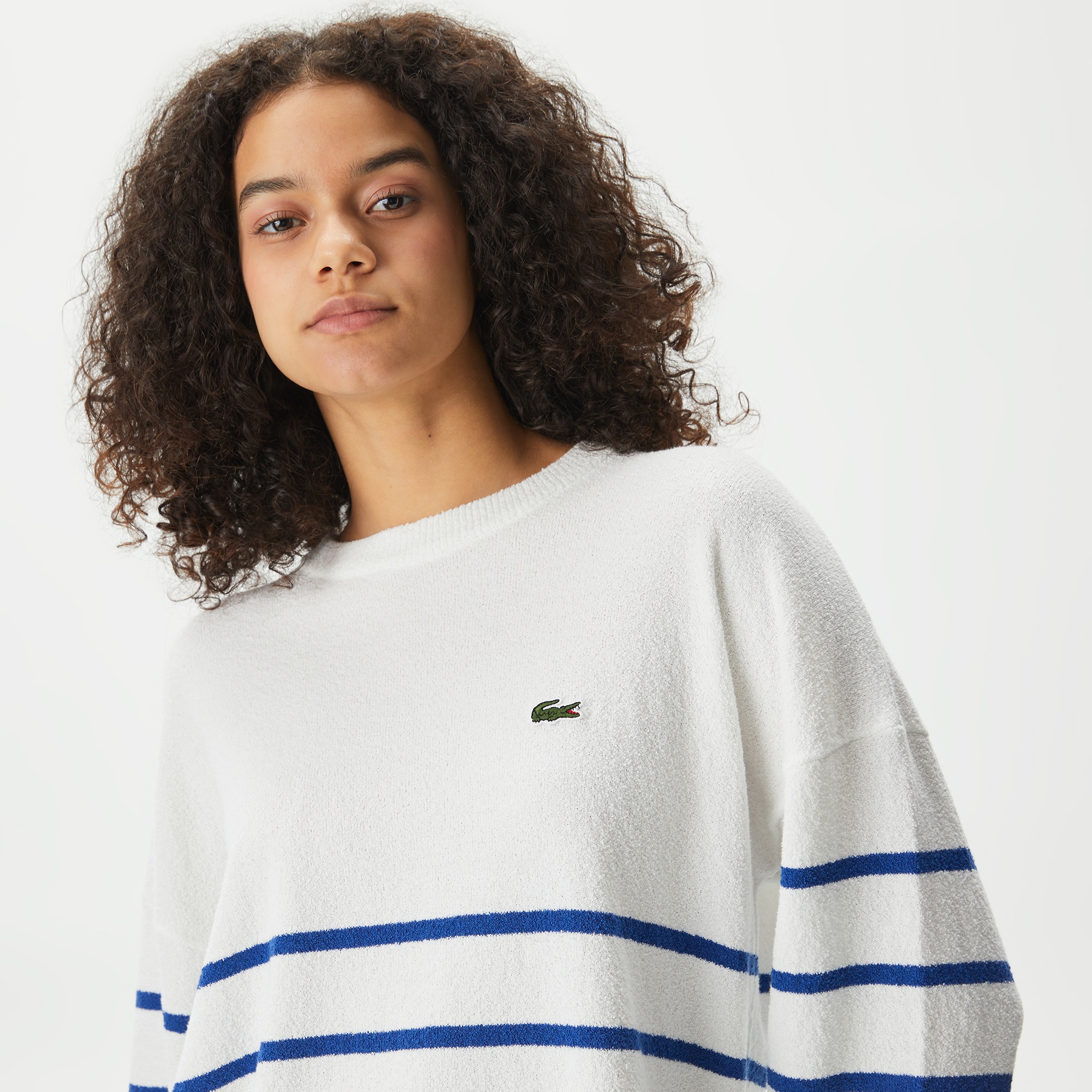 Lacoste Kadın Relaxed Fit Bisiklet Yaka Çizgili Beyaz Triko