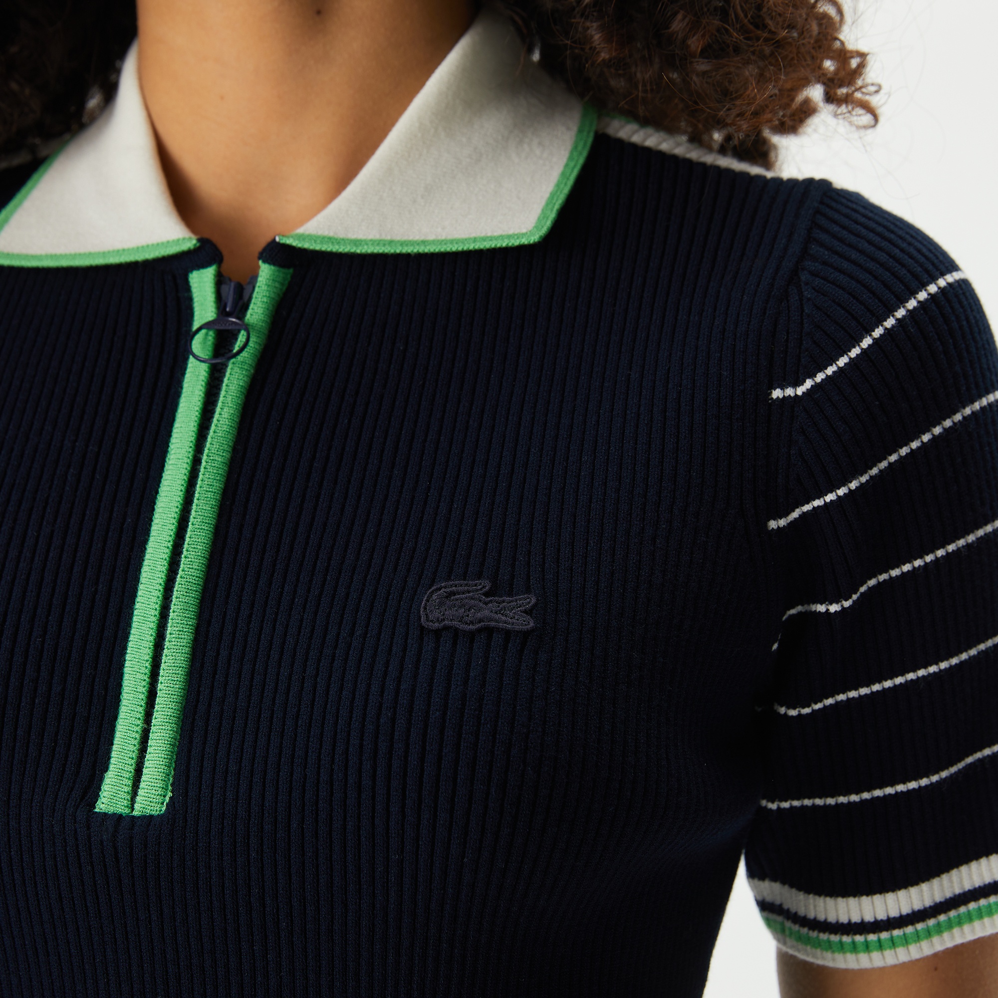 Lacoste Kadın Relaxed Fit Fermuarlı Renk Bloklu Lacivert Triko