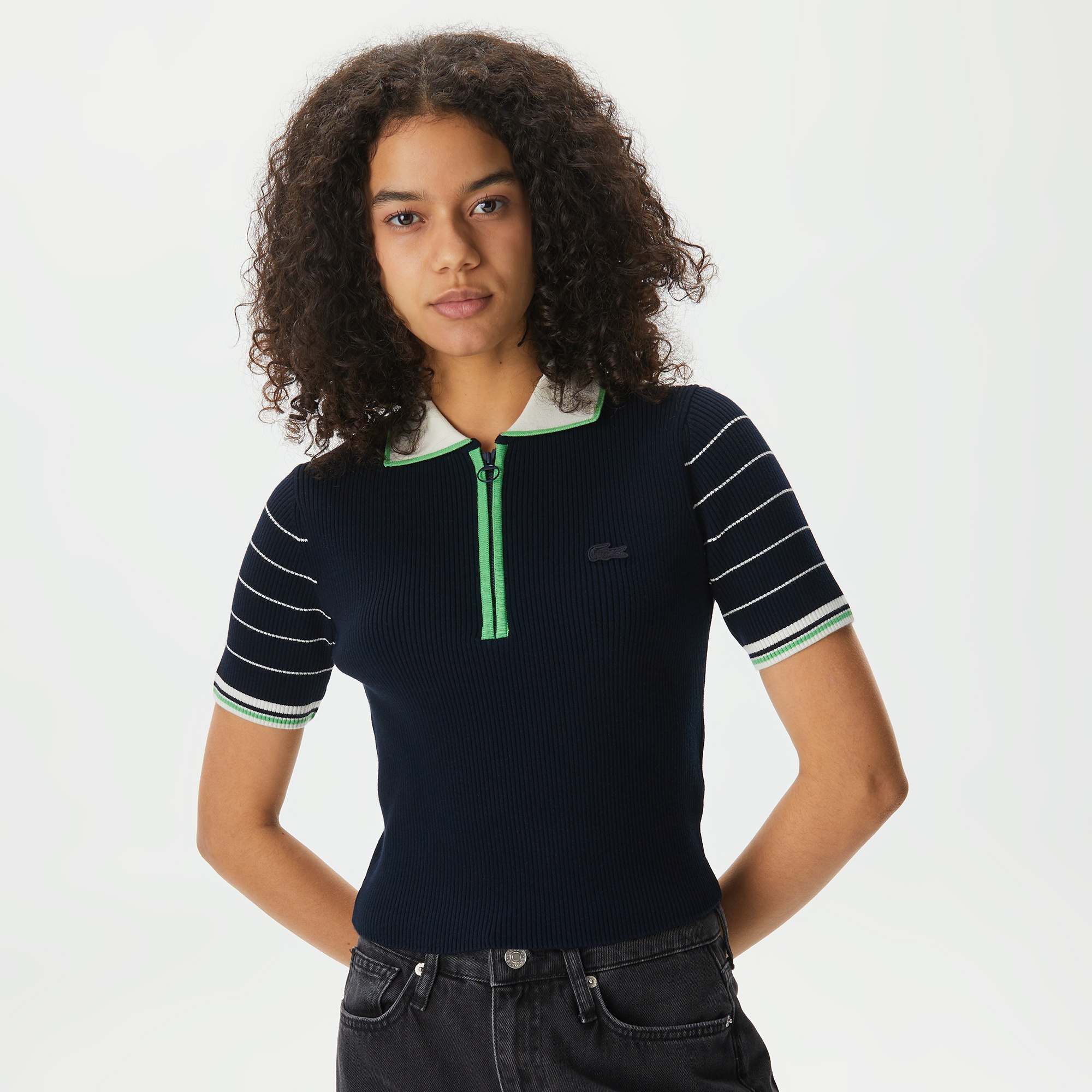 Lacoste Kadın Relaxed Fit Fermuarlı Renk Bloklu Lacivert Triko