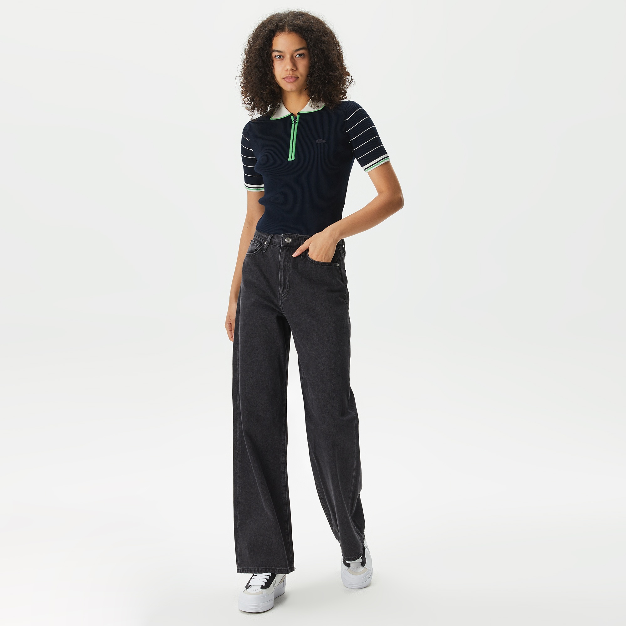 Lacoste Kadın Relaxed Fit Fermuarlı Renk Bloklu Lacivert Triko