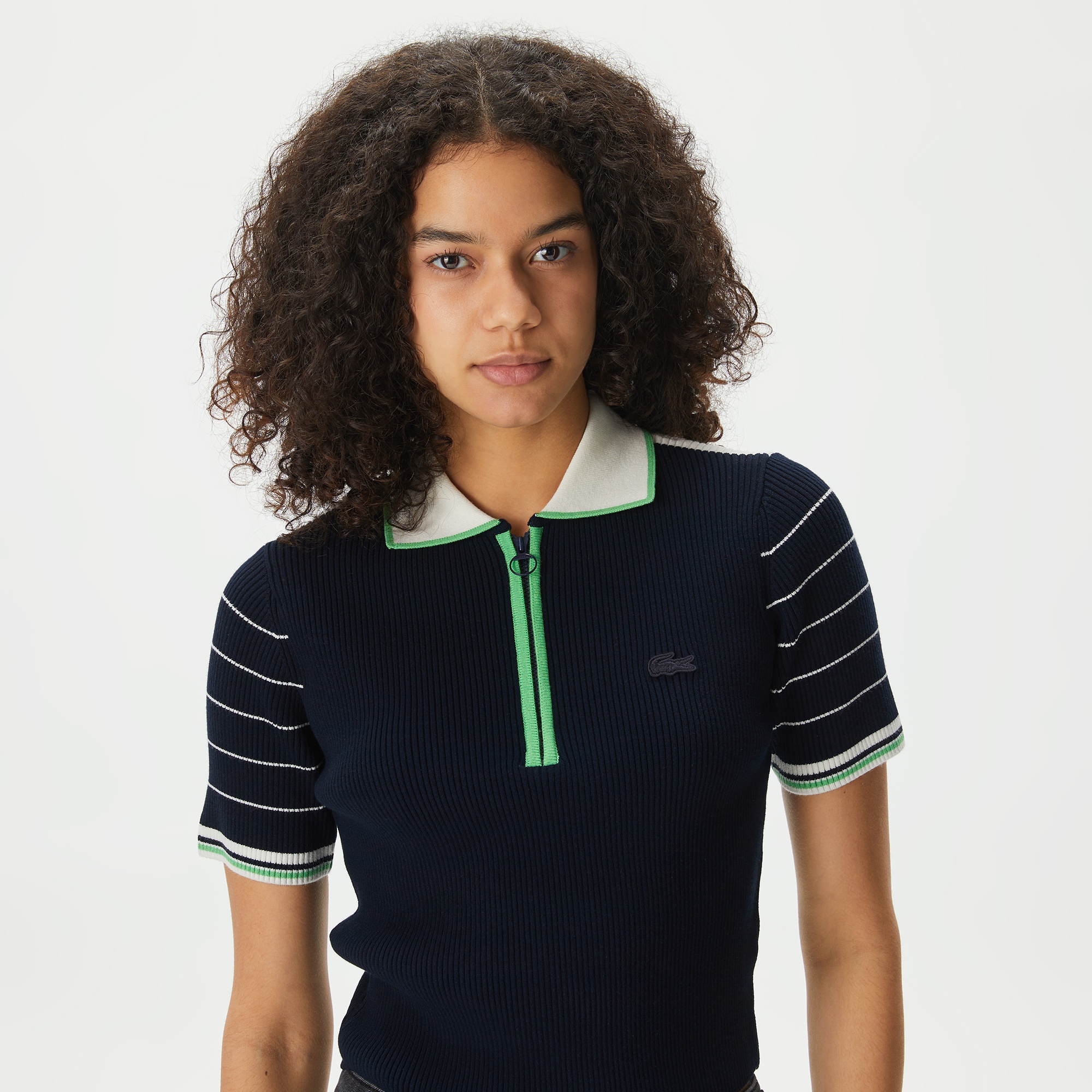 Lacoste Kadın Relaxed Fit Fermuarlı Renk Bloklu Lacivert Triko