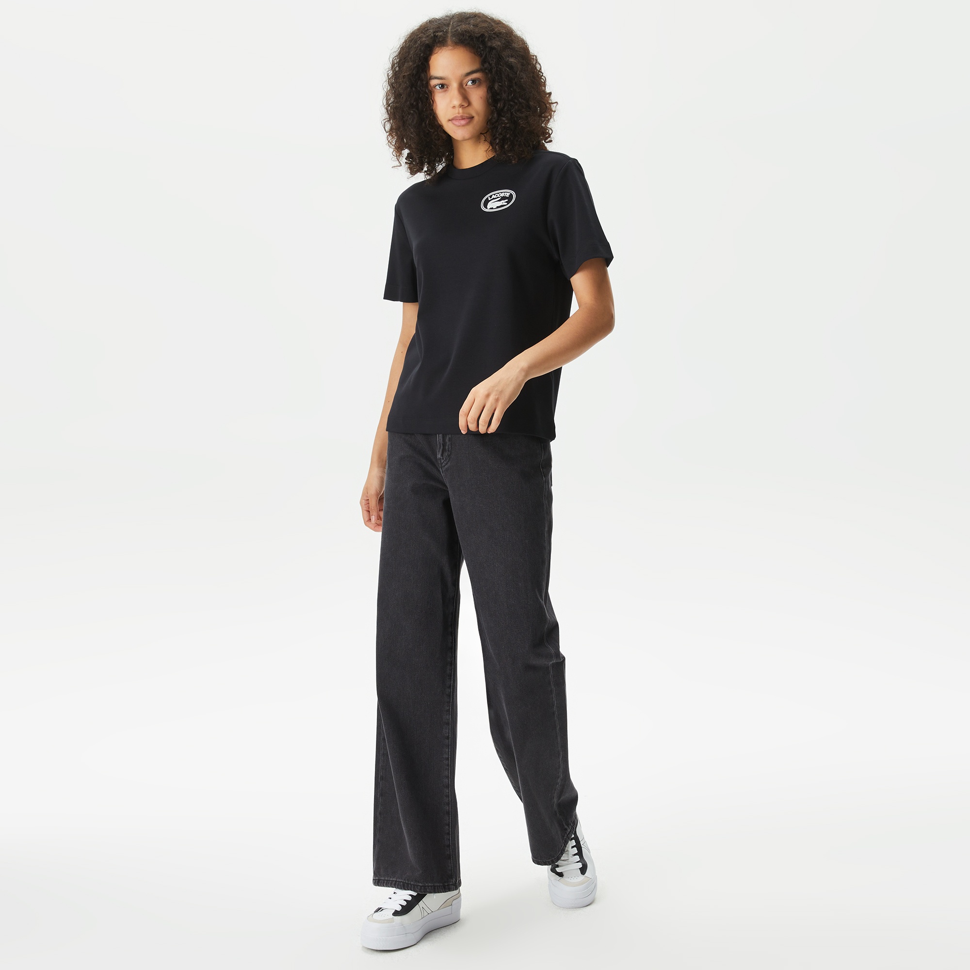 Lacoste Kadın Bisiklet Yaka Baskılı Siyah T-Shirt