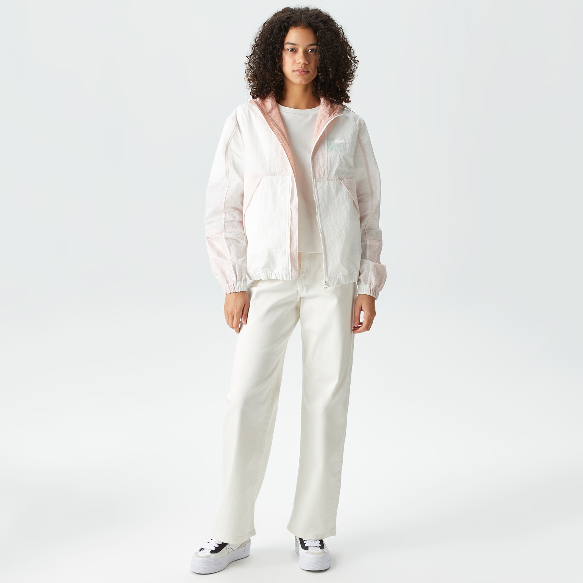 Lacoste Kadın Kapüşonlu Renk Bloklu Beyaz Mont