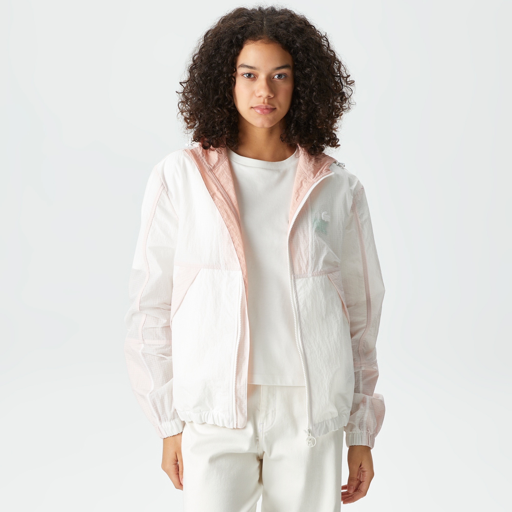 Lacoste Kadın Kapüşonlu Renk Bloklu Beyaz Mont