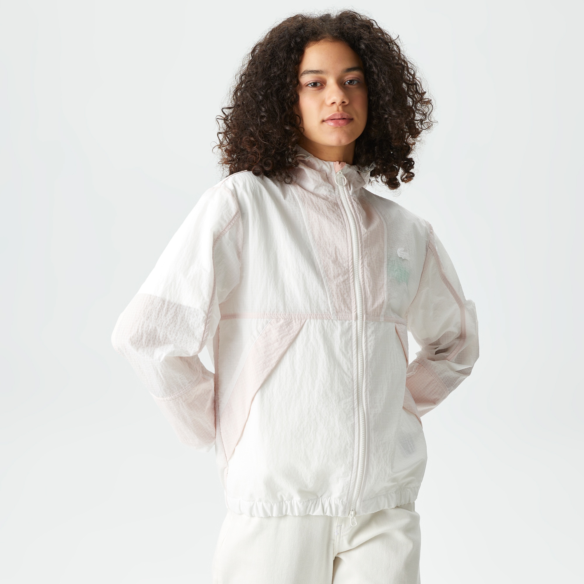 Lacoste Kadın Kapüşonlu Renk Bloklu Beyaz Mont