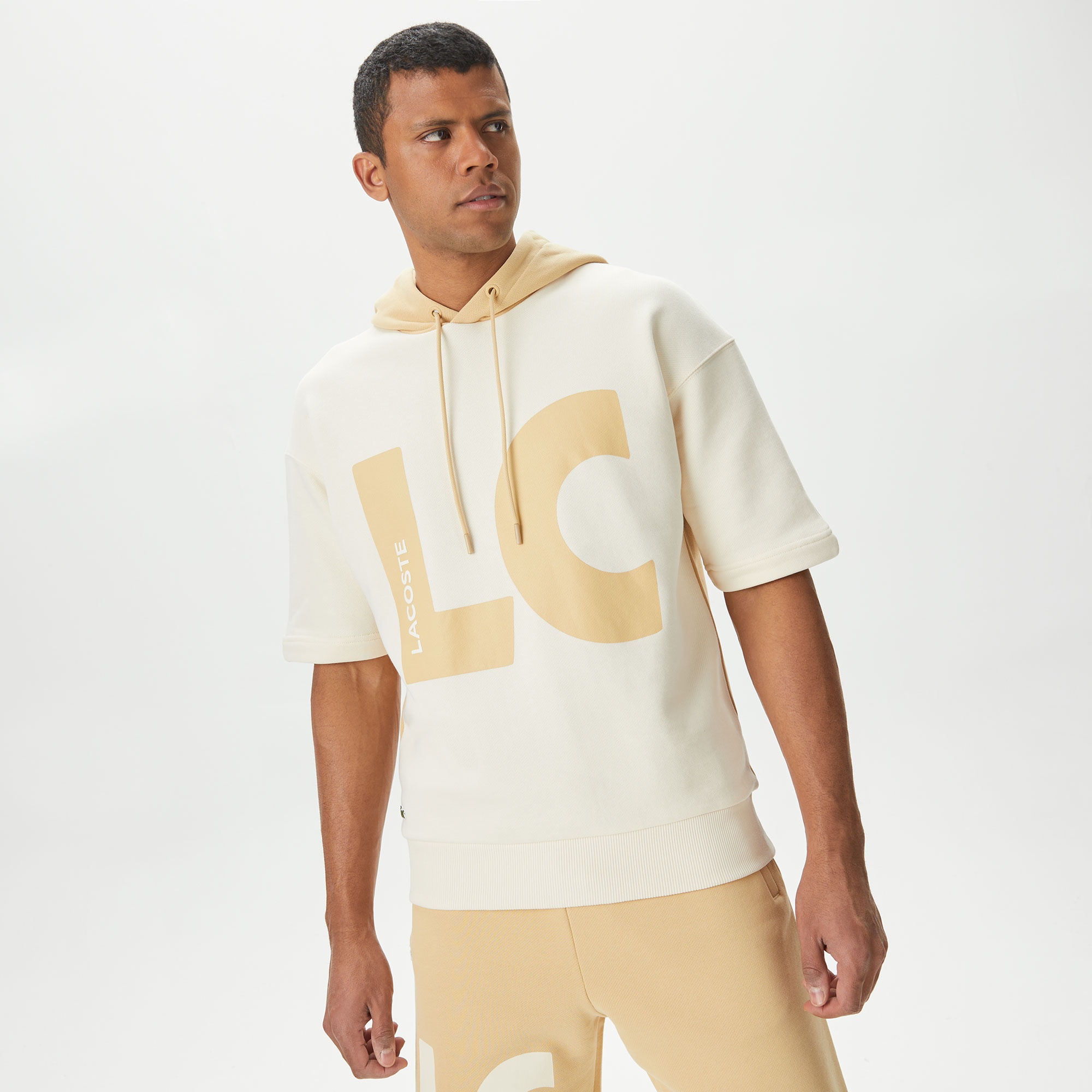 Lacoste Erkek Loose Fit Kapüşonlu Baskılı Krem Sweatshirt