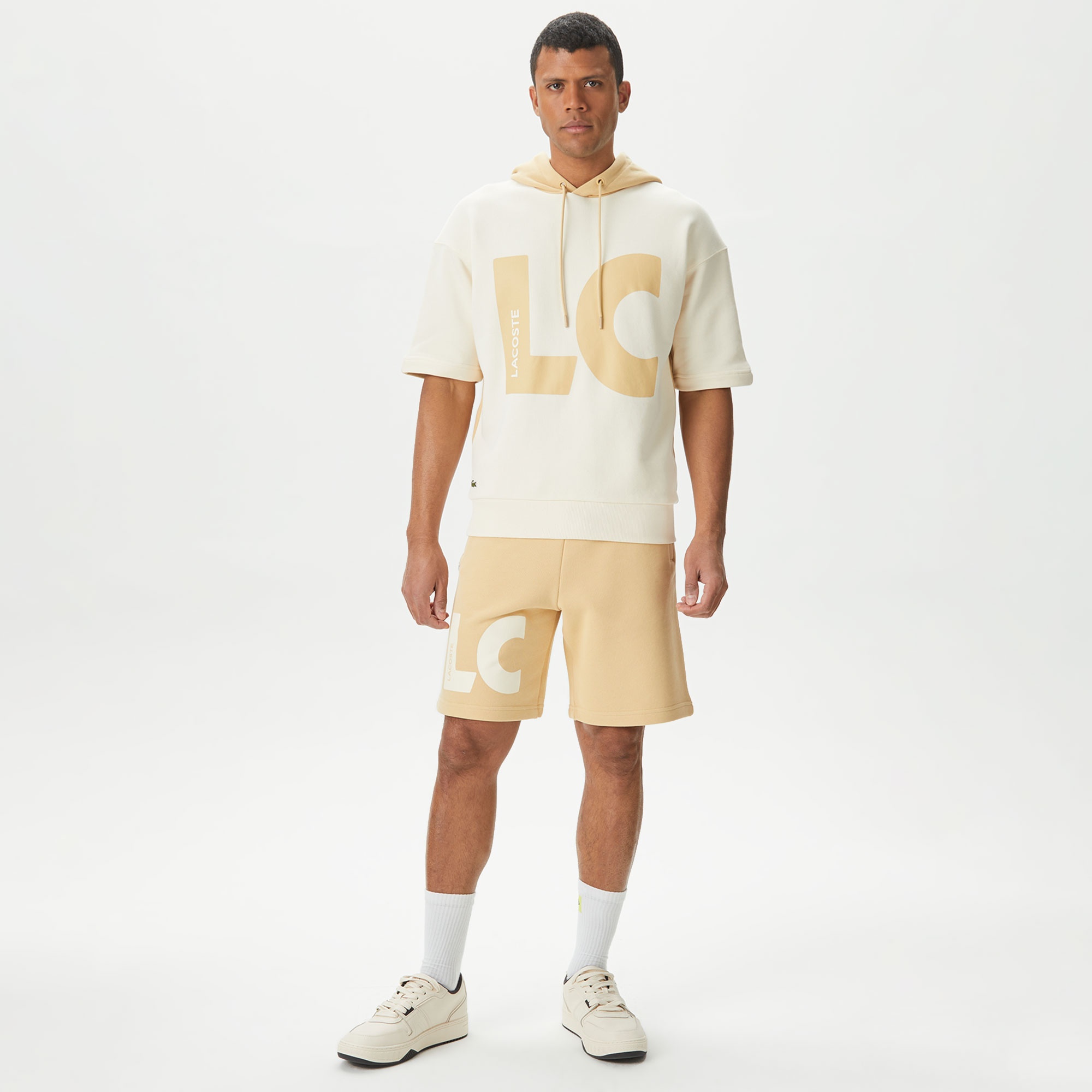 Lacoste Erkek Loose Fit Kapüşonlu Baskılı Krem Sweatshirt