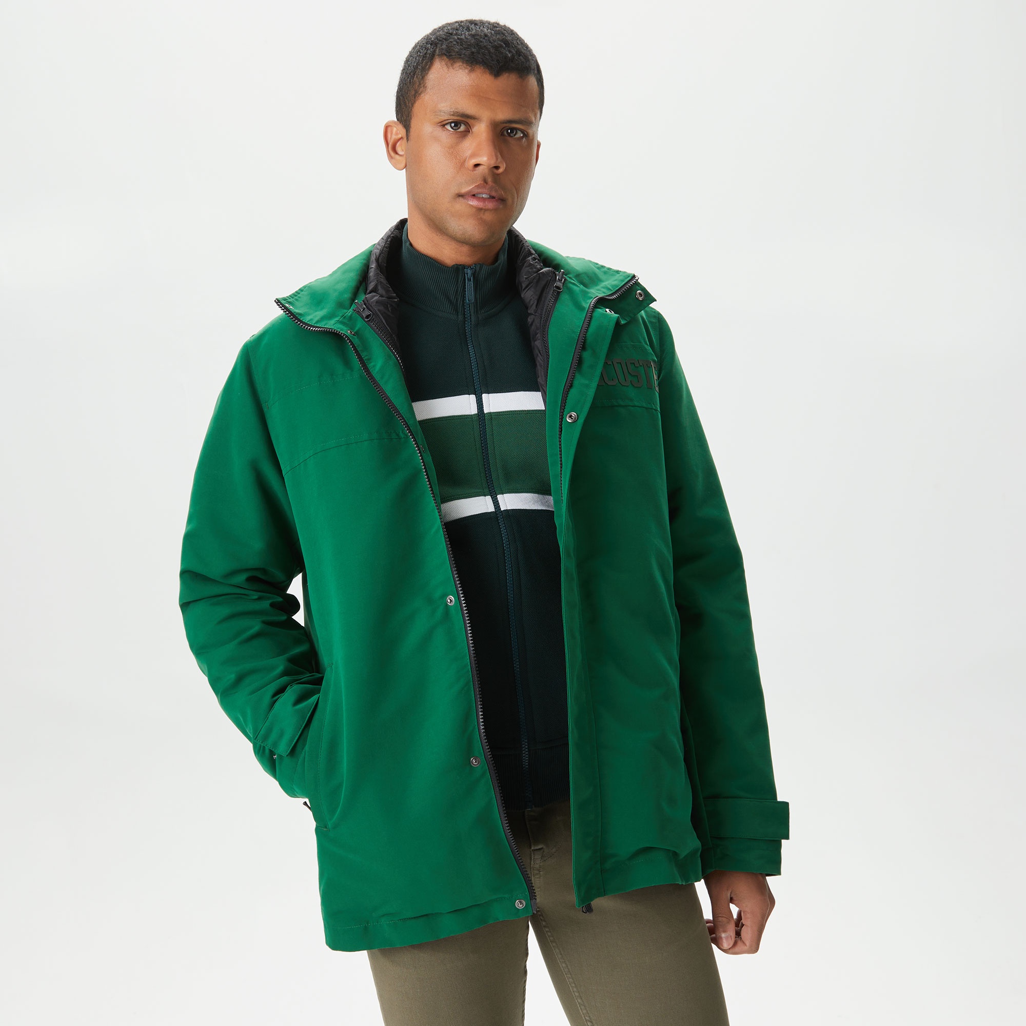 Lacoste Erkek Kapüşonlu Yeşil Çıkarılabilir Yelek Detaylı Mont