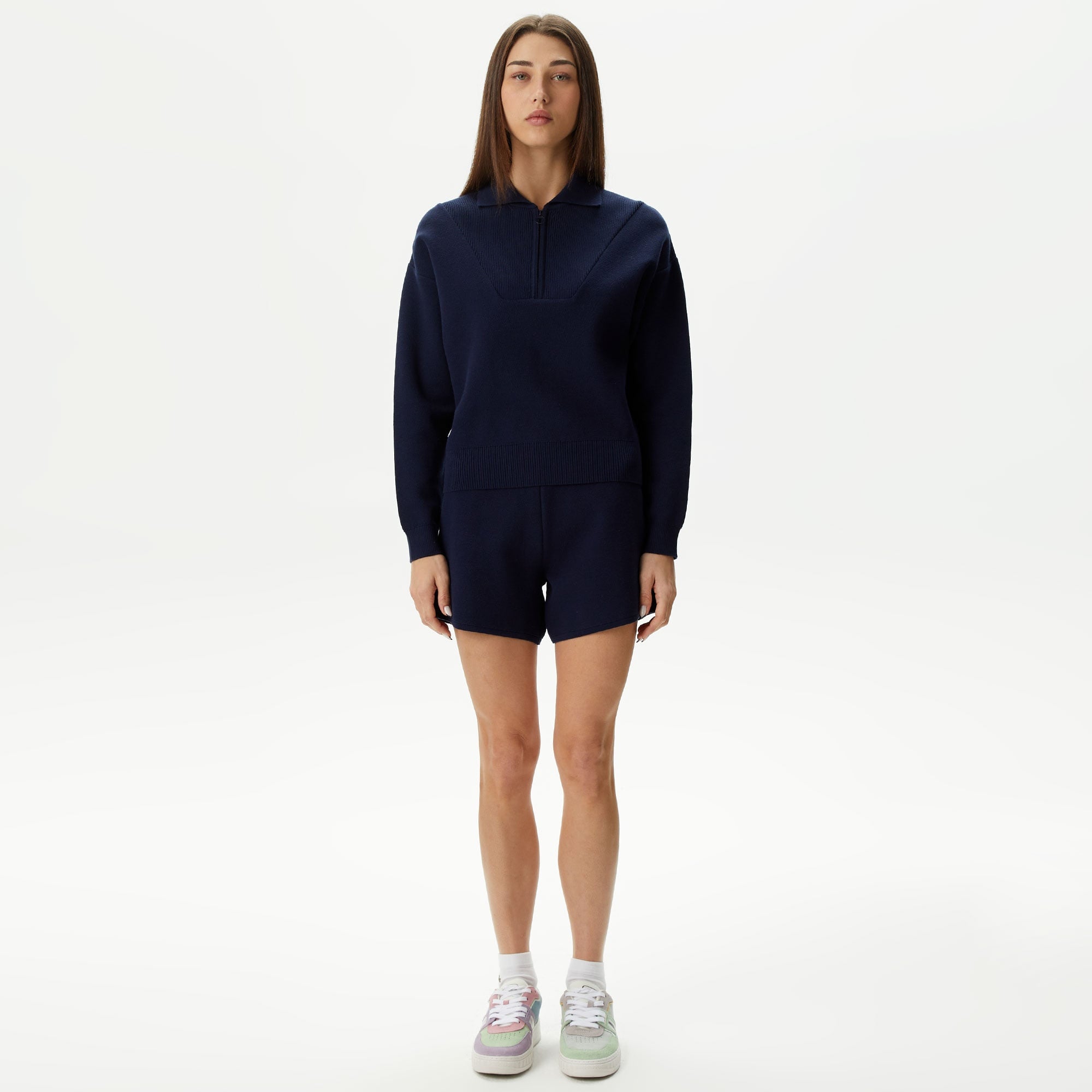 Lacoste Kadın Crop Fermuarlı Lacivert Triko