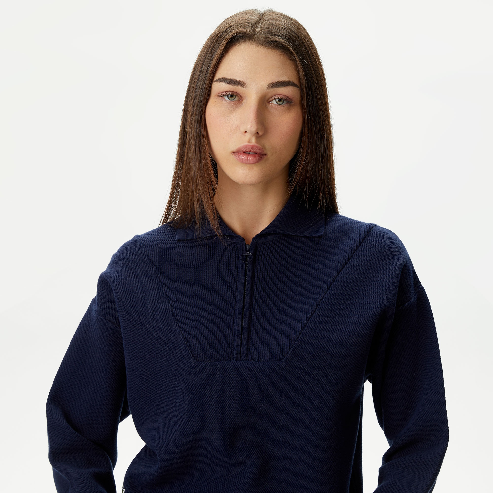 Lacoste Kadın Crop Fermuarlı Lacivert Triko