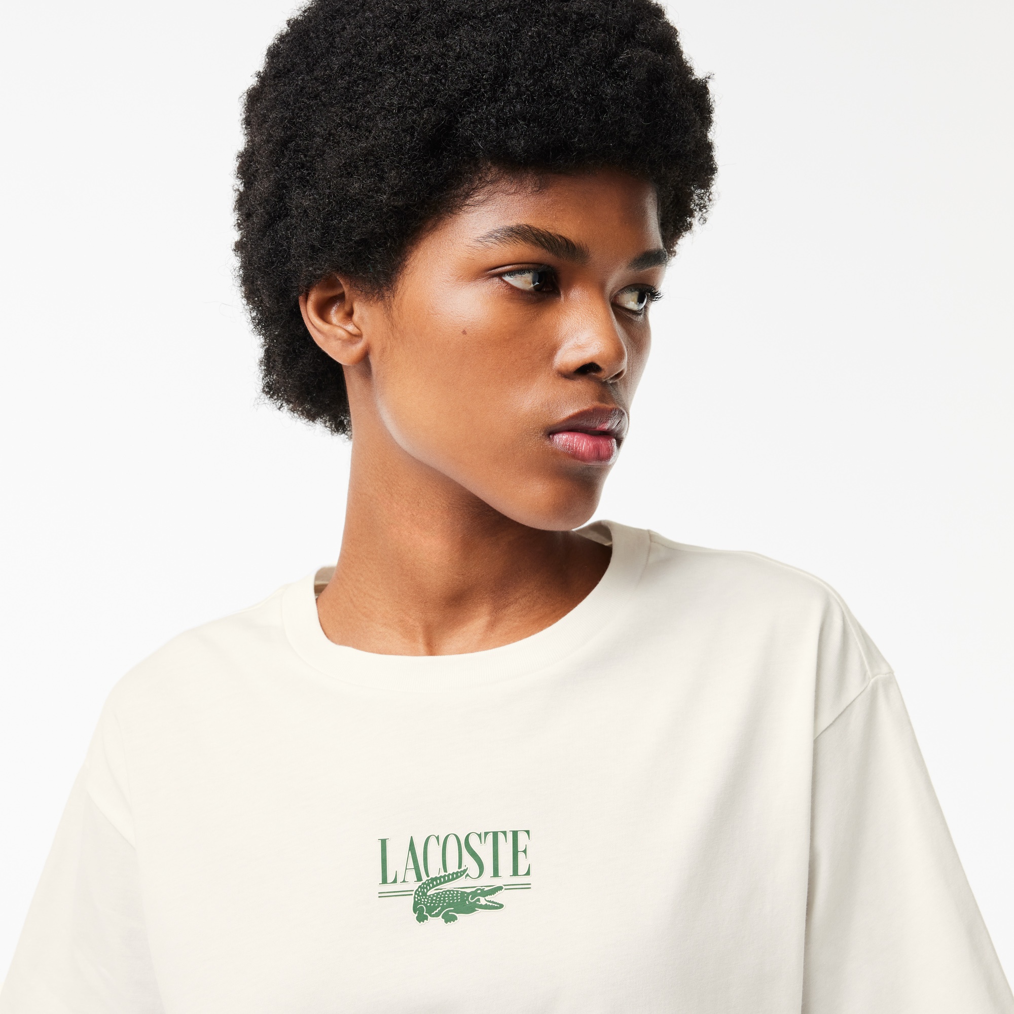 Lacoste Kadın Relaxed Fit Bisiklet Yaka Baskılı Beyaz T-Shirt