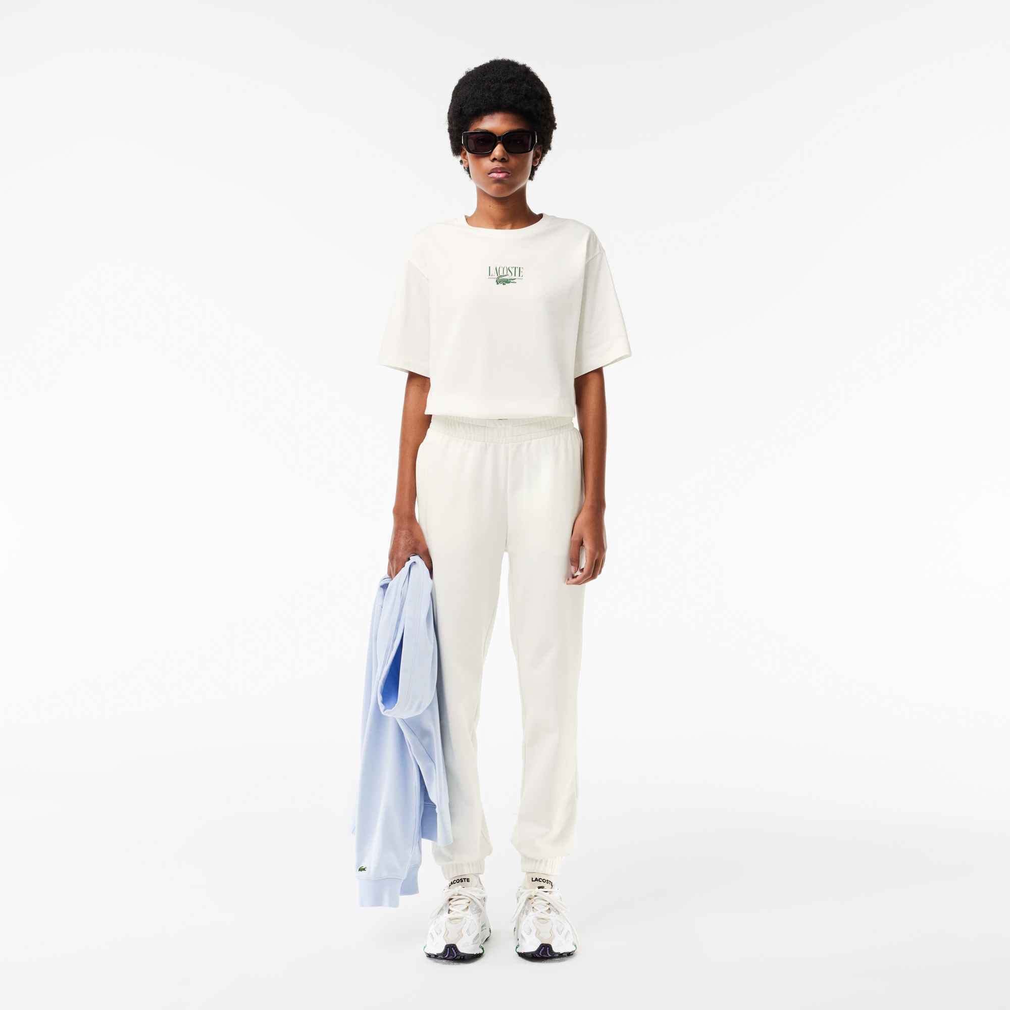 Lacoste Kadın Relaxed Fit Bisiklet Yaka Baskılı Beyaz T-Shirt