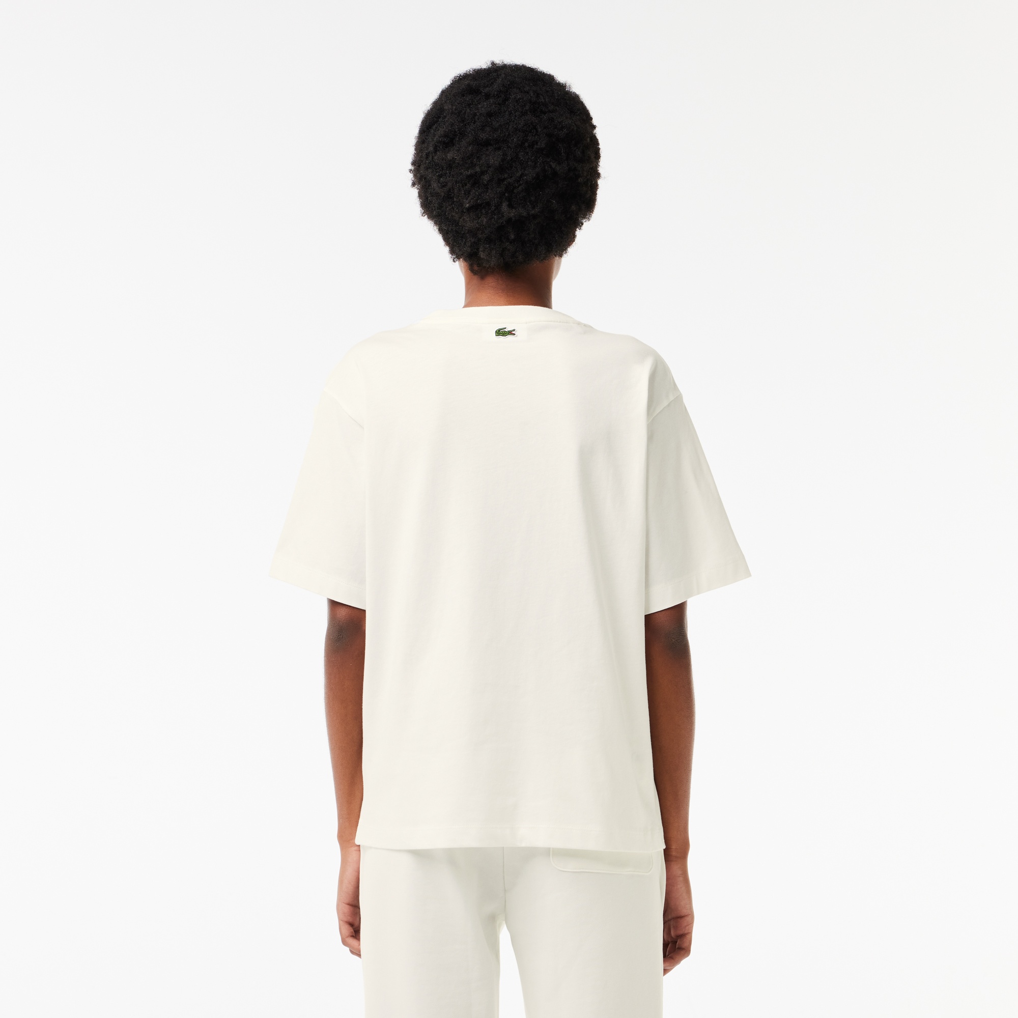 Lacoste Kadın Relaxed Fit Bisiklet Yaka Baskılı Beyaz T-Shirt