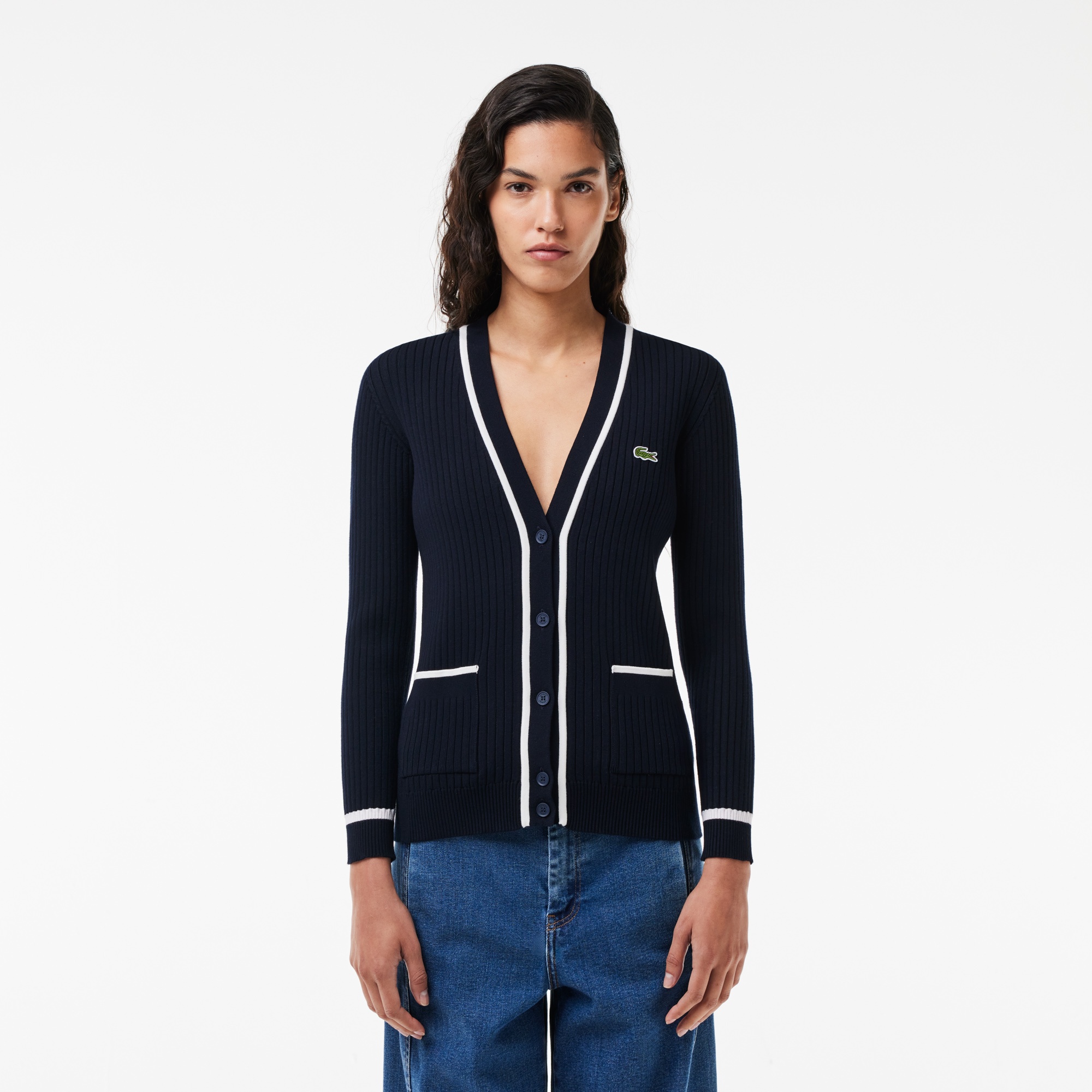 Lacoste Kadın V Yaka Lacivert Hırka