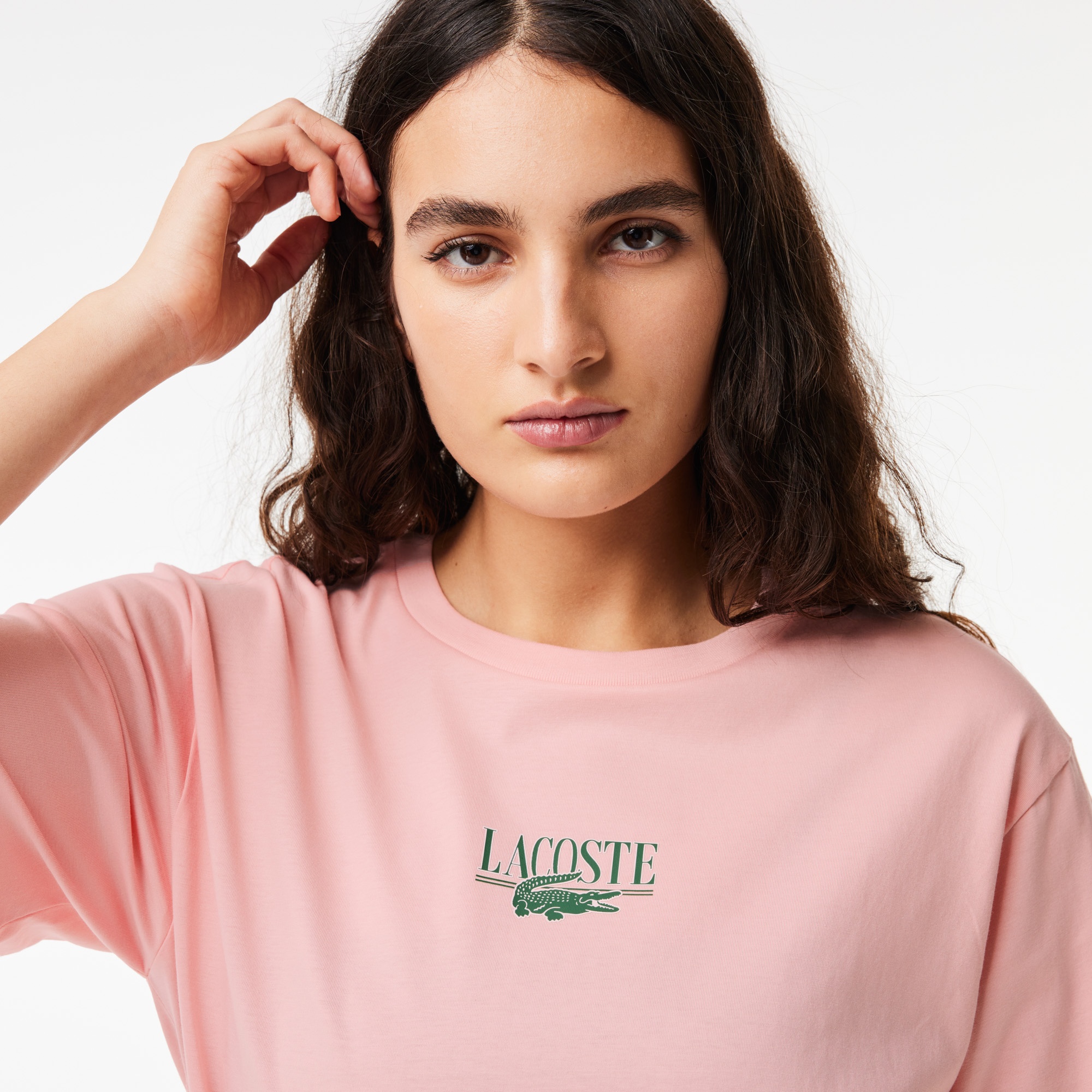 Lacoste Kadın Relaxed Fit Bisiklet Yaka Baskılı Pembe T-Shirt