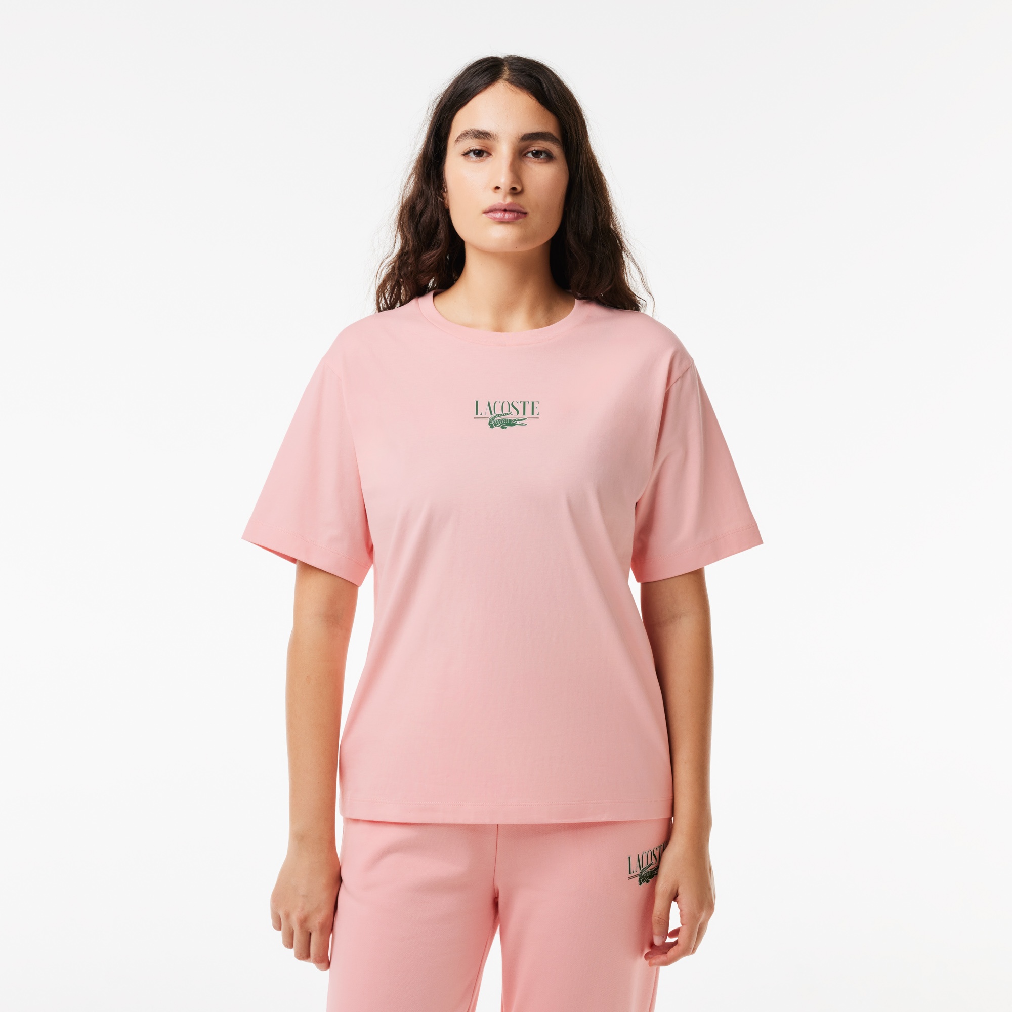Lacoste Kadın Relaxed Fit Bisiklet Yaka Baskılı Pembe T-Shirt