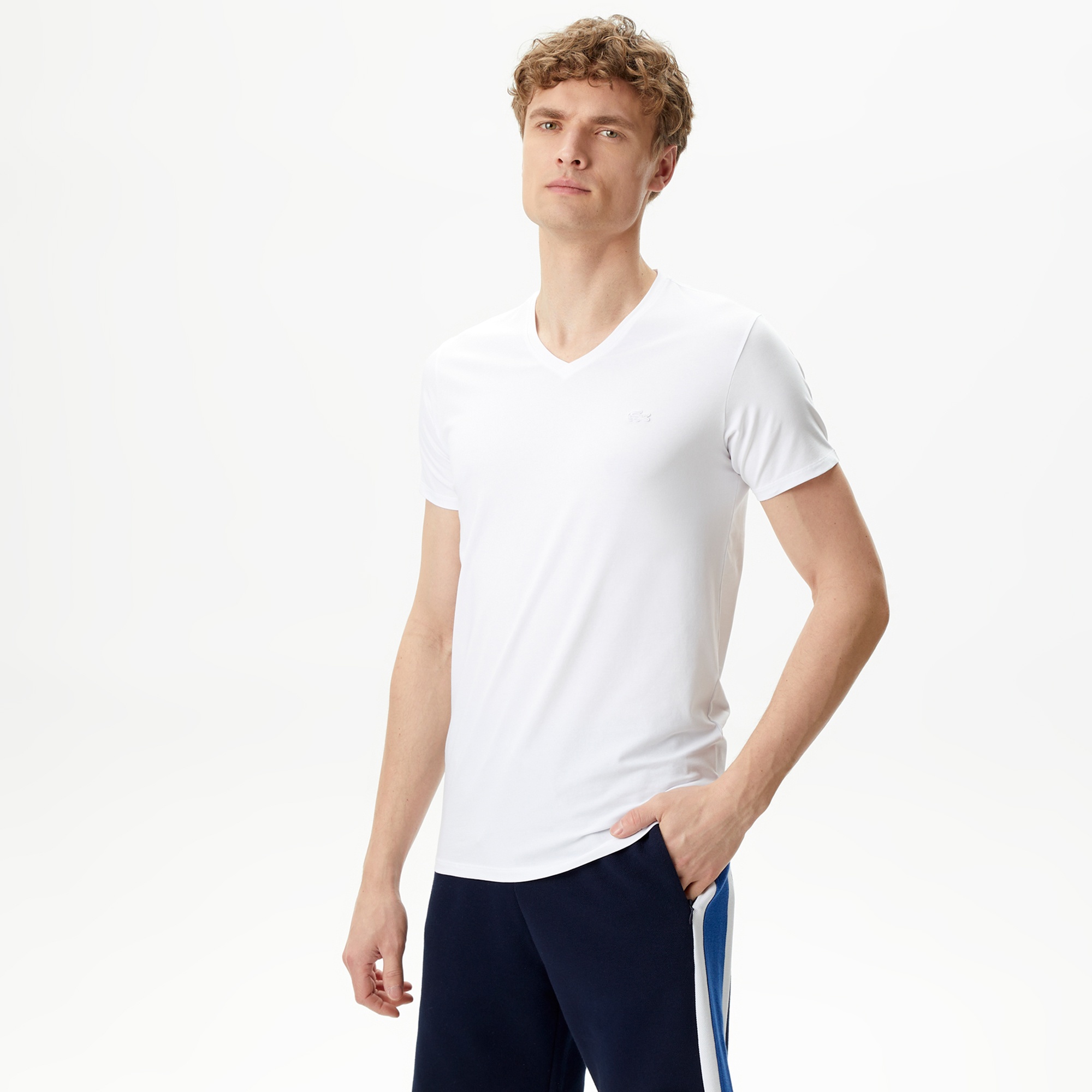 Lacoste Erkek Slim Fit V yaka Beyaz T-Shirt
