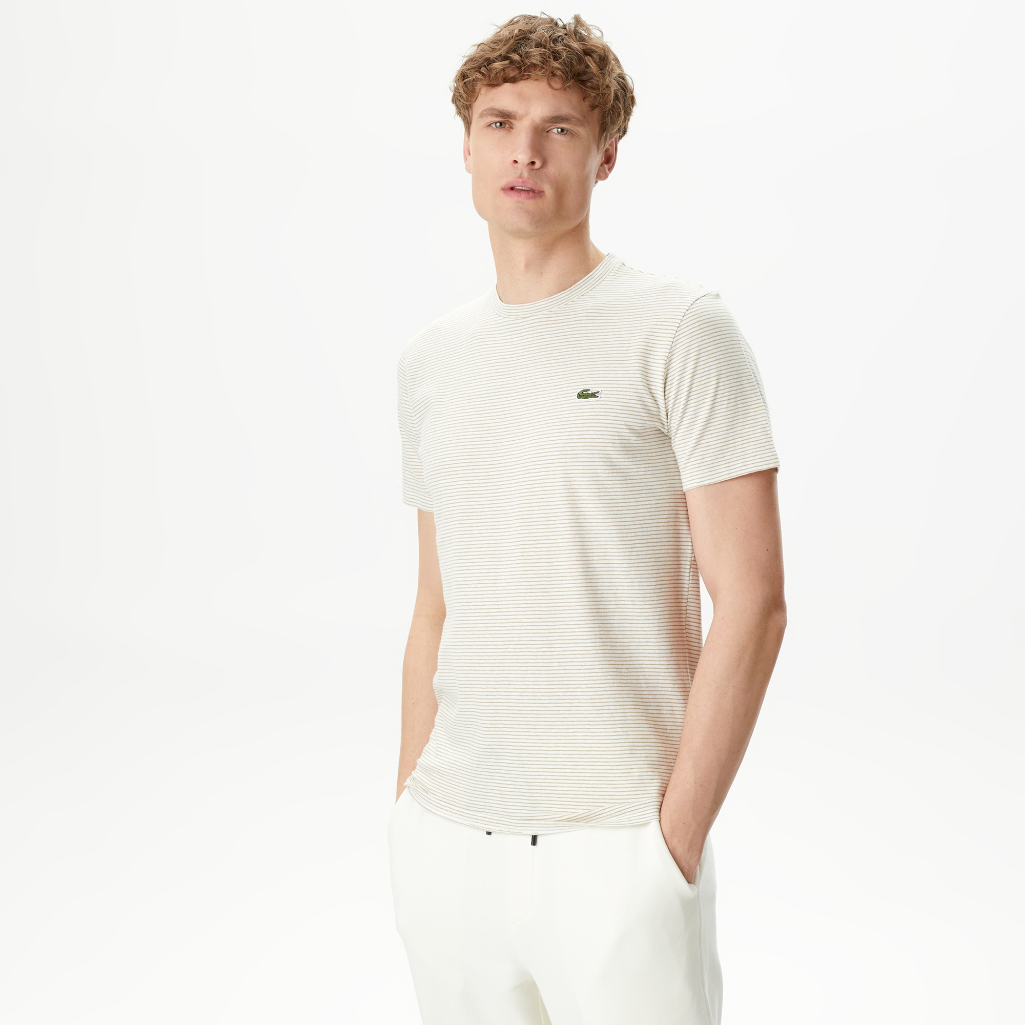 Lacoste Erkek Regular Fit Bisiklet Yaka Çizgili Bej T-Shirt
