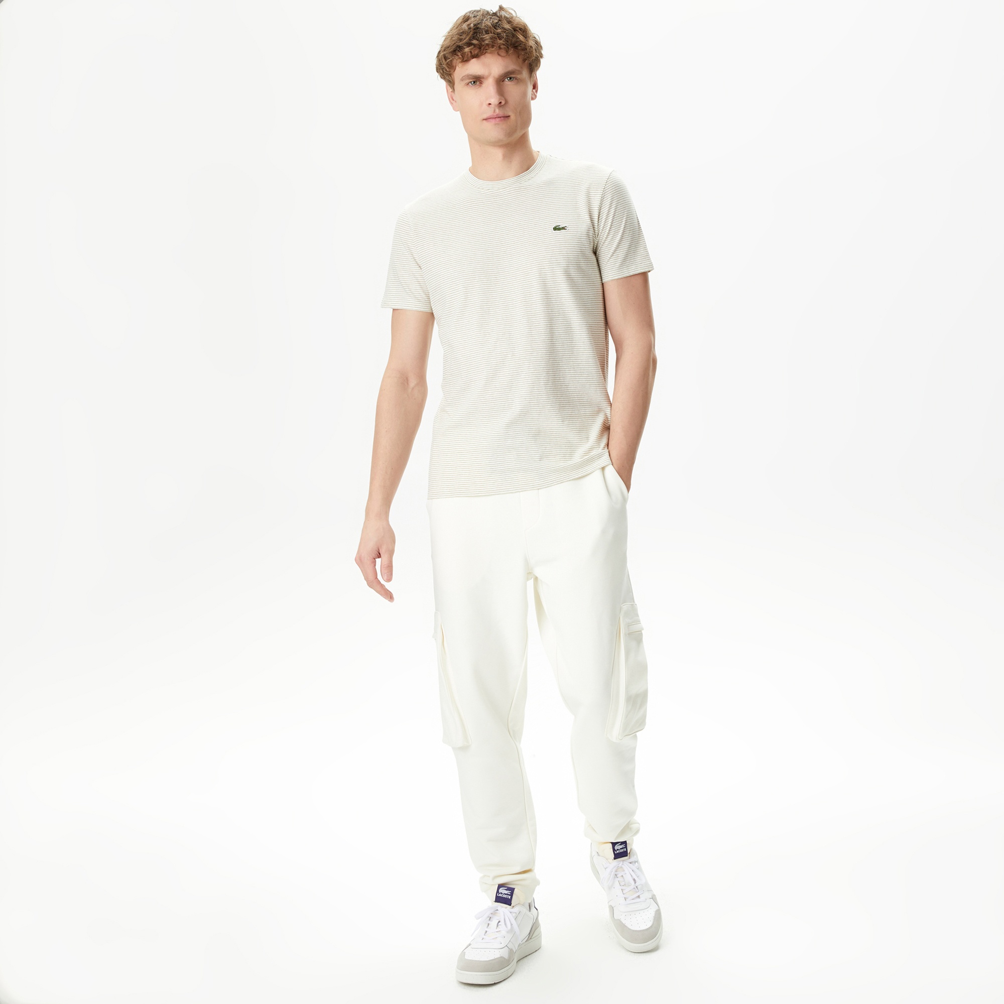 Lacoste Erkek Regular Fit Bisiklet Yaka Çizgili Bej T-Shirt