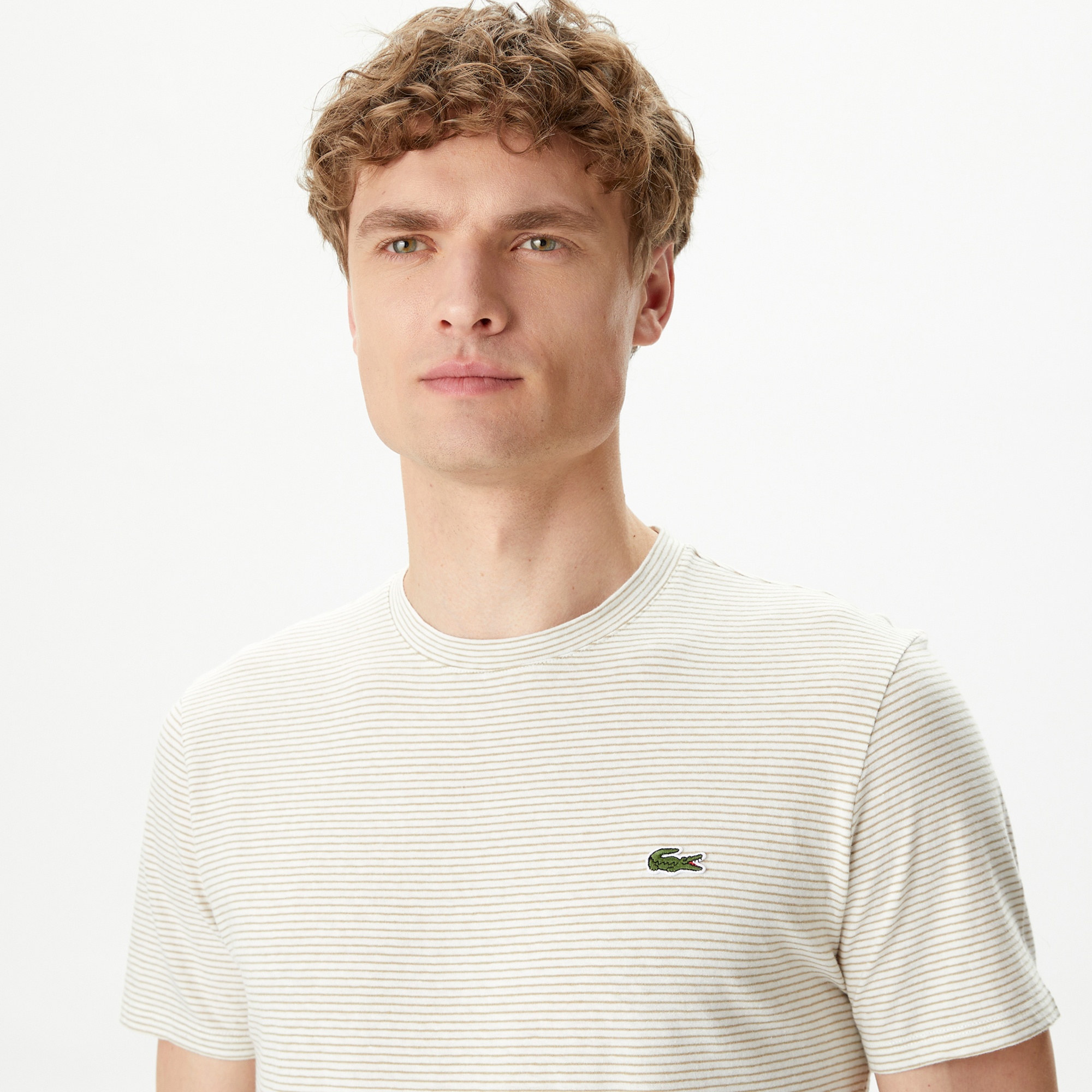 Lacoste Erkek Regular Fit Bisiklet Yaka Çizgili Bej T-Shirt