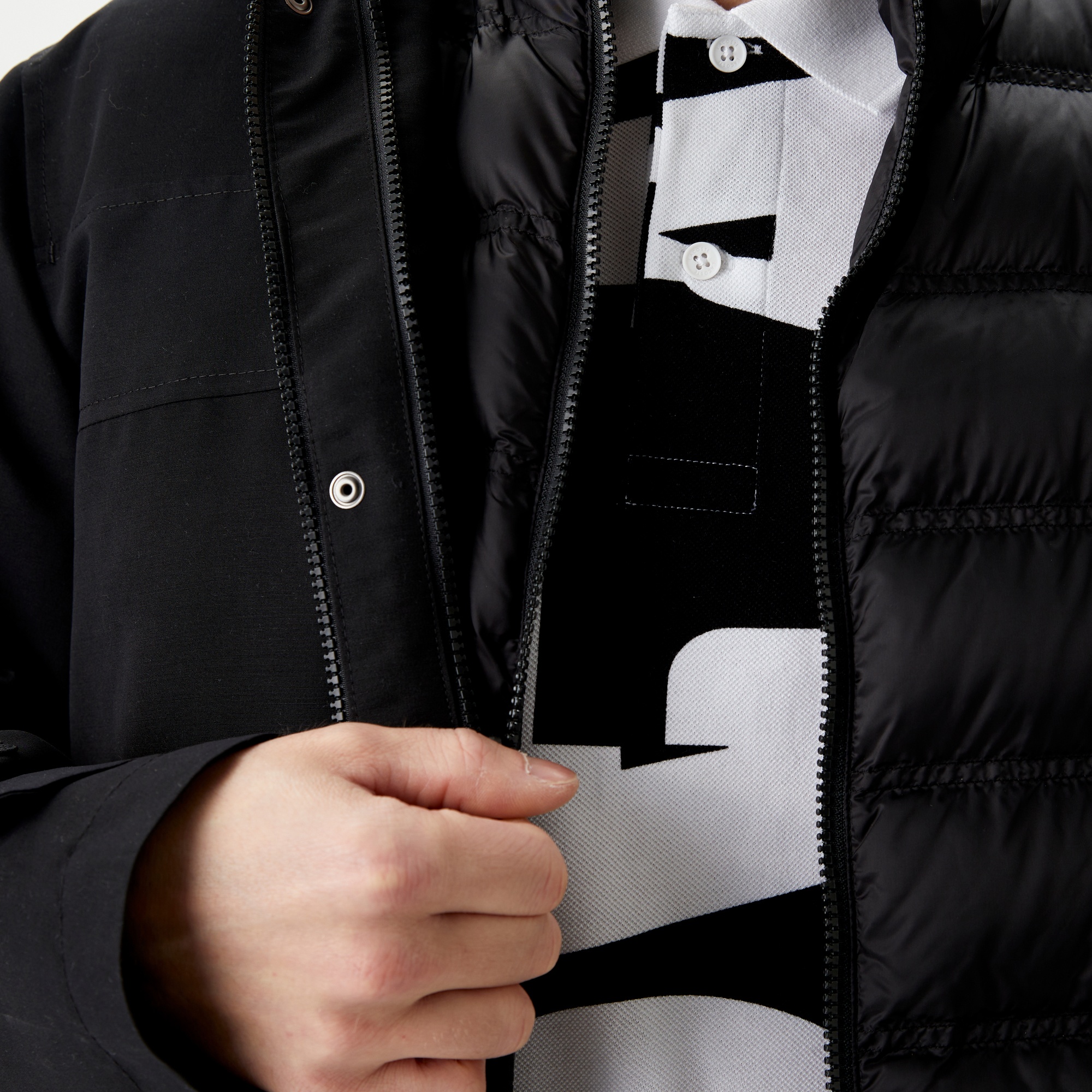 Lacoste Erkek Kapüşonlu Siyah Çıkarılabilir Yelek Detaylı Mont