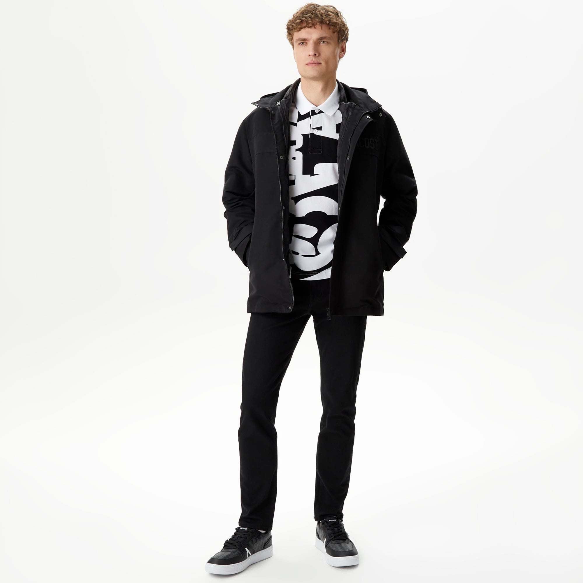 Lacoste Erkek Kapüşonlu Siyah Çıkarılabilir Yelek Detaylı Mont