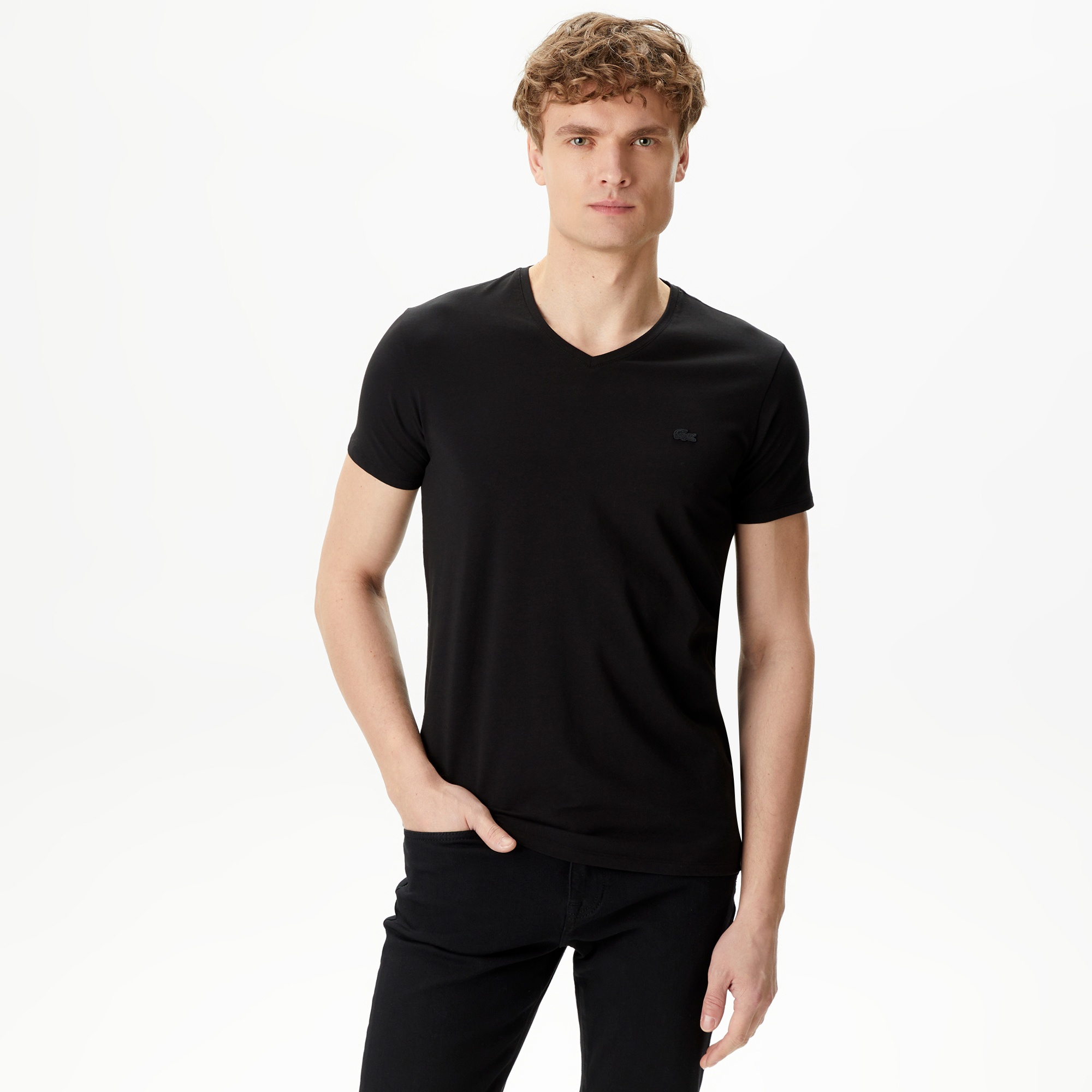 Lacoste Erkek Slim Fit V yaka Siyah T-Shirt