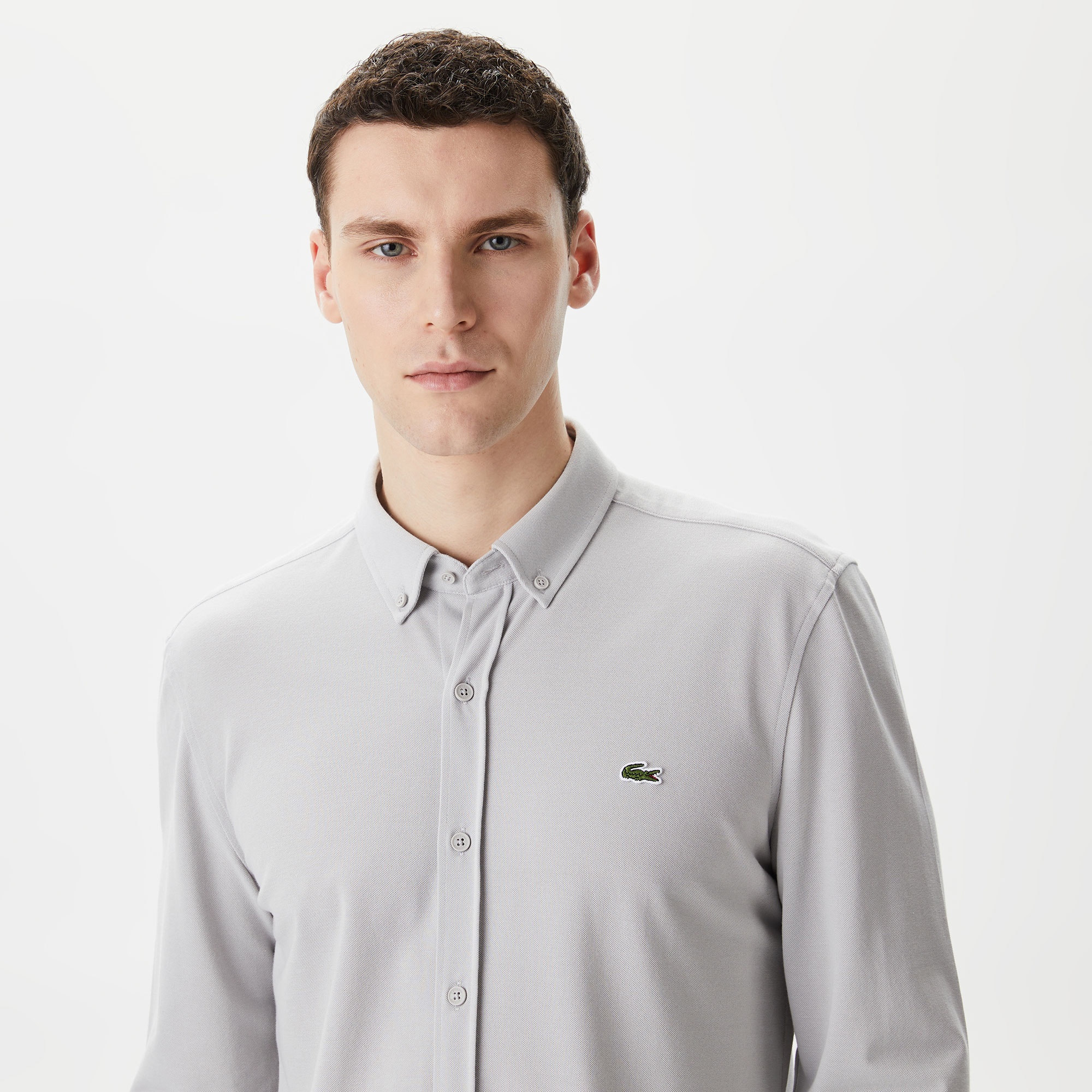 Lacoste Erkek Slim Fit Düğmeli Yaka Gri Gömlek