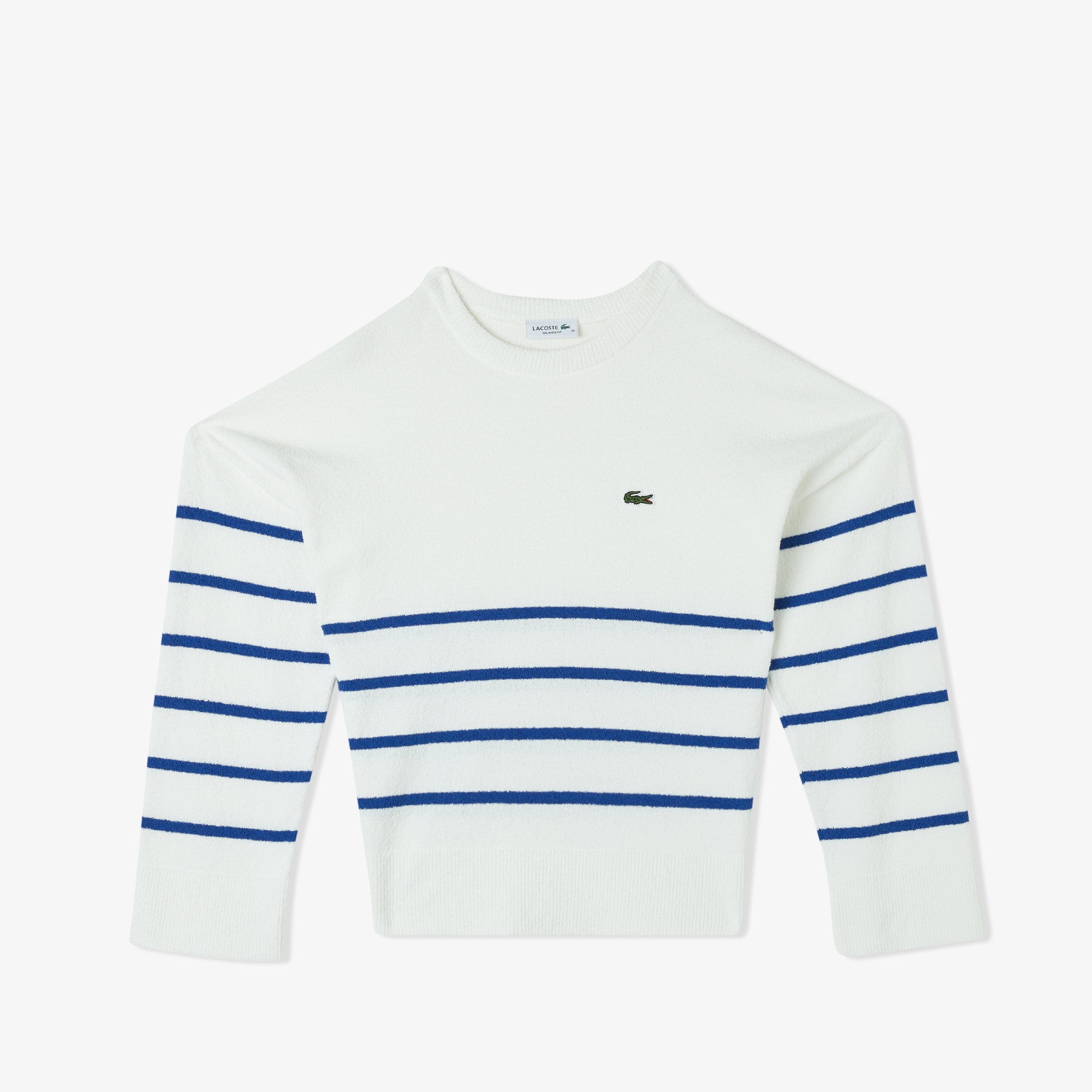 Lacoste Kadın Relaxed Fit Bisiklet Yaka Çizgili Beyaz Triko