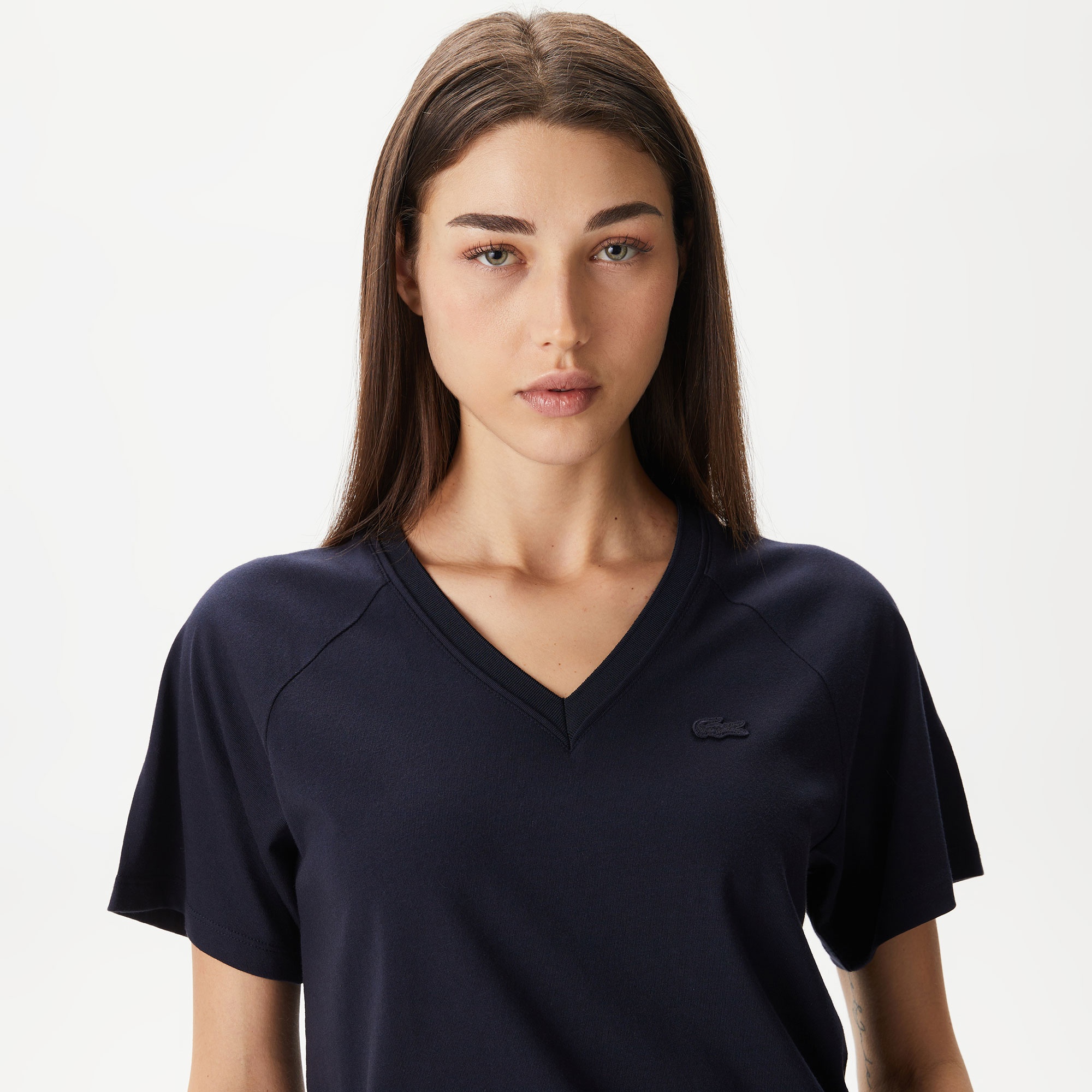 Lacoste Kadın Relaxed Fit V Yaka Siyah T-Shirt