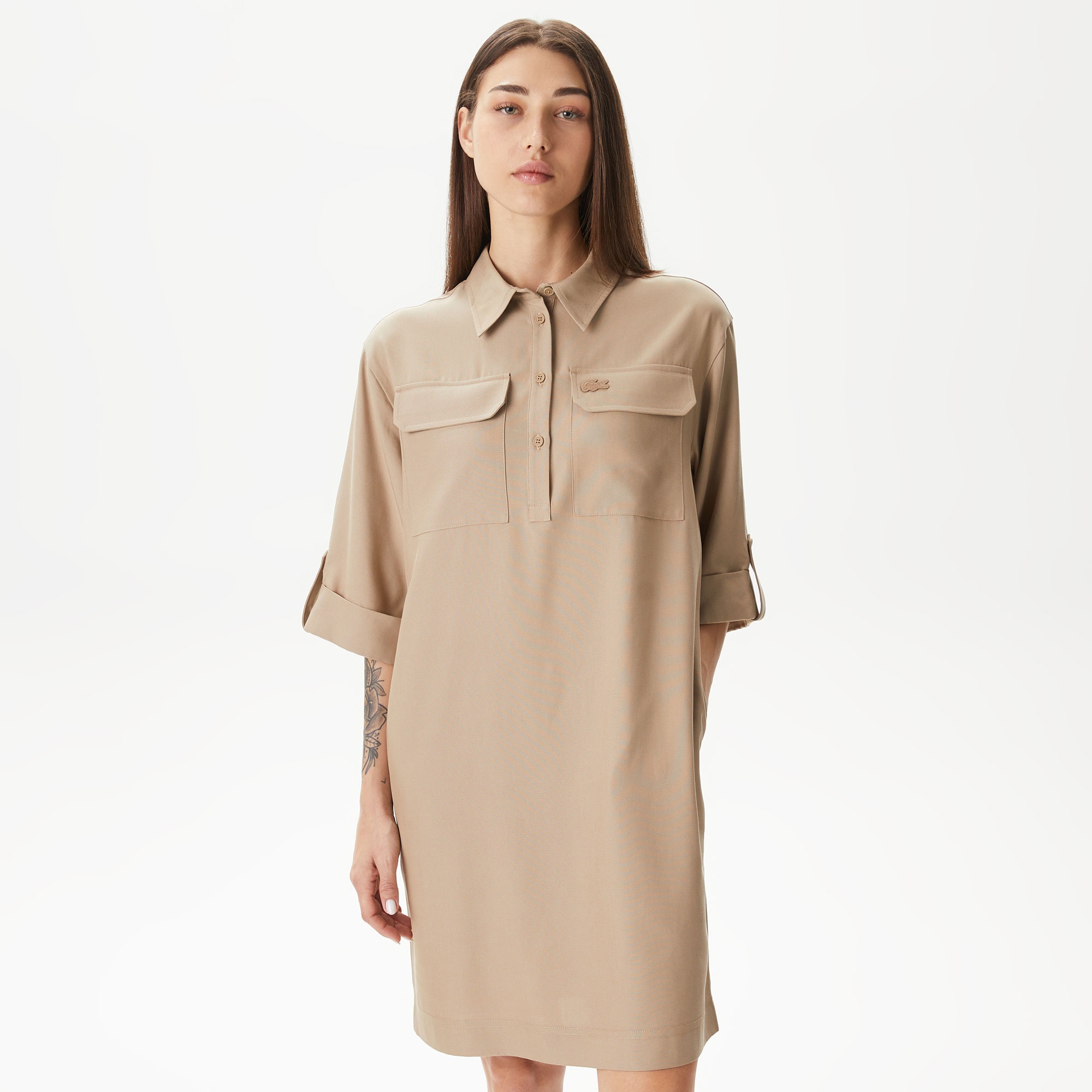 Lacoste Kadın Straight Fit Polo Yaka Kahverengi Elbise