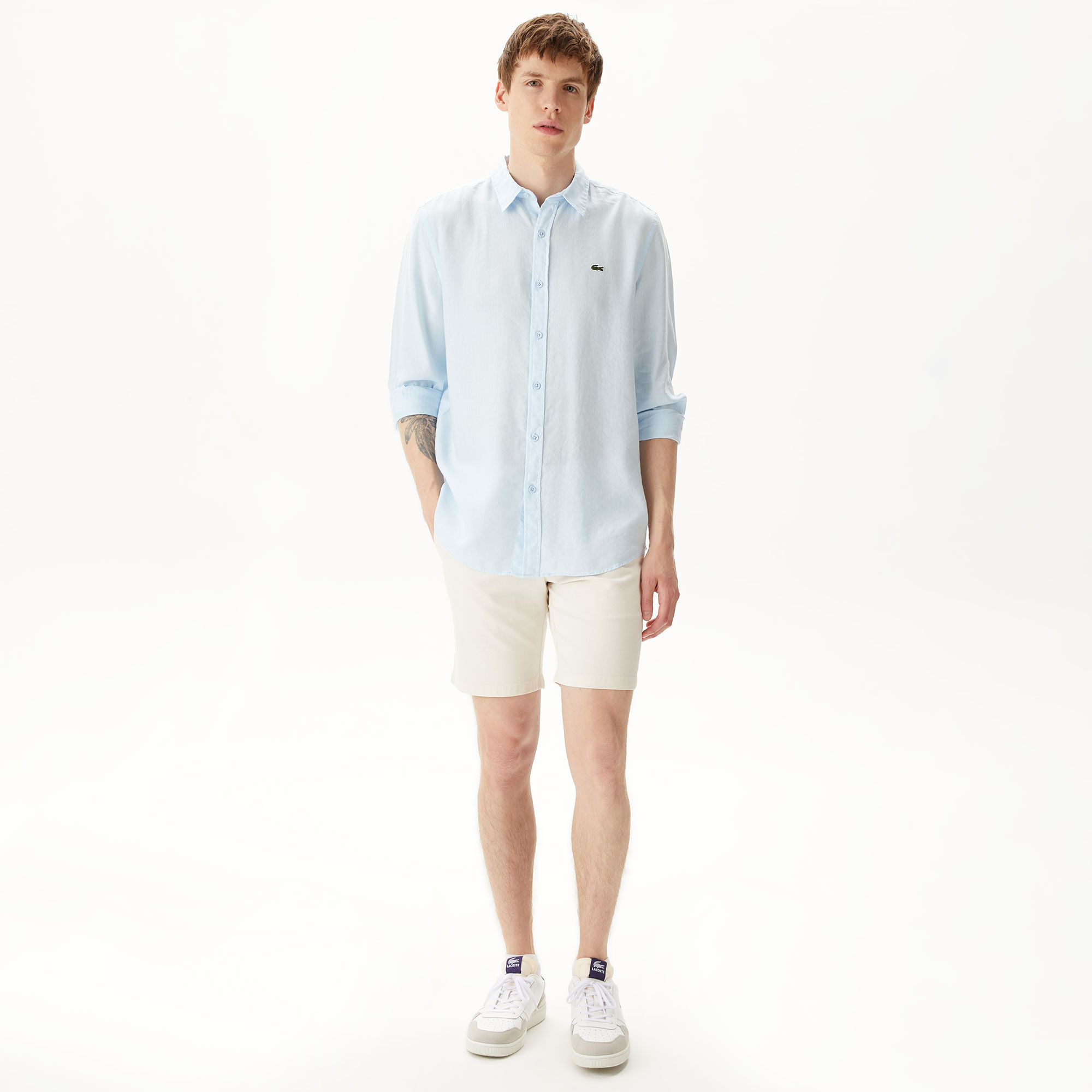Lacoste Erkek Regular Fit Keten Açık Mavi Gömlek görsel 5