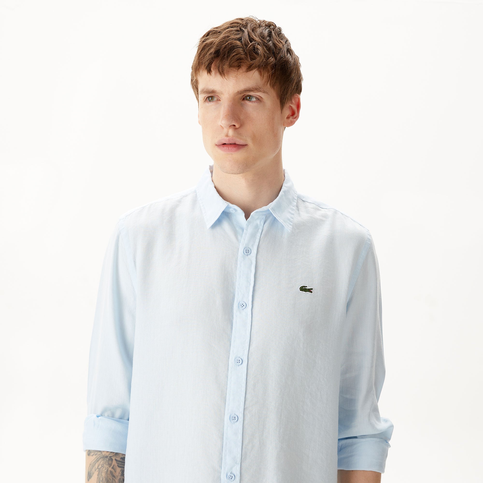 Lacoste Erkek Regular Fit Keten Açık Mavi Gömlek görsel 6
