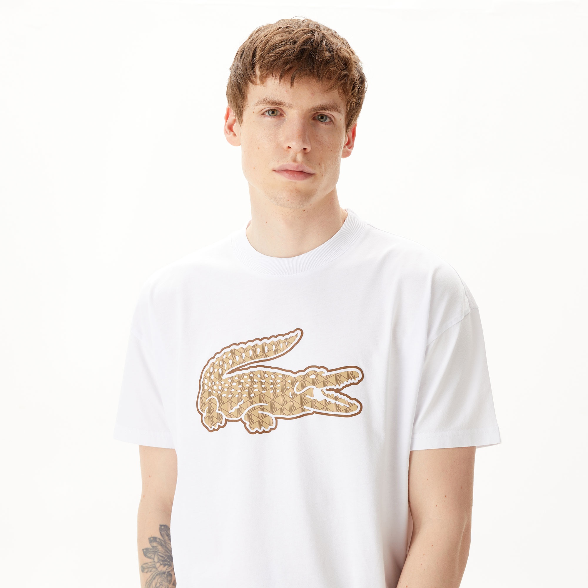 Lacoste Erkek Relaxed Fit Bisiklet Yaka Baskılı Beyaz T-Shirt